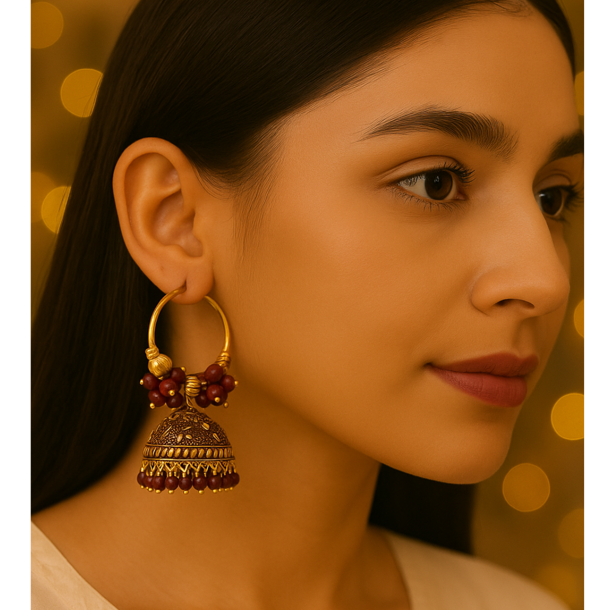Hoop Jhumka Earrings with Maroon Beads
