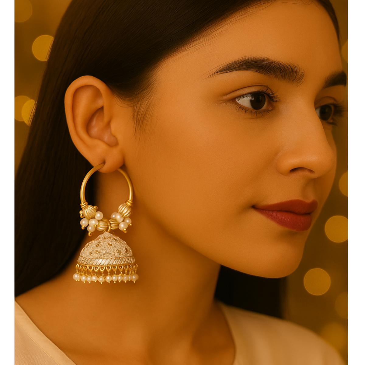 Traditional White Hoop Jhumka Earrings