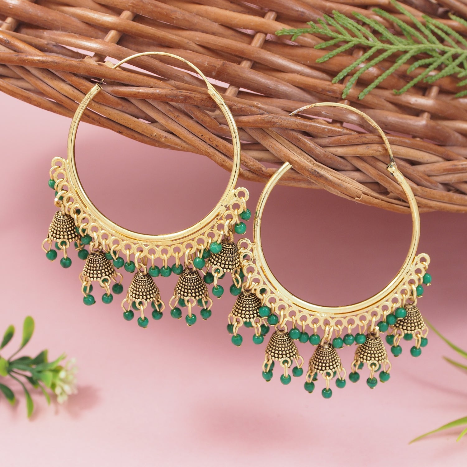 multi jhumka hoop earrings with green beads