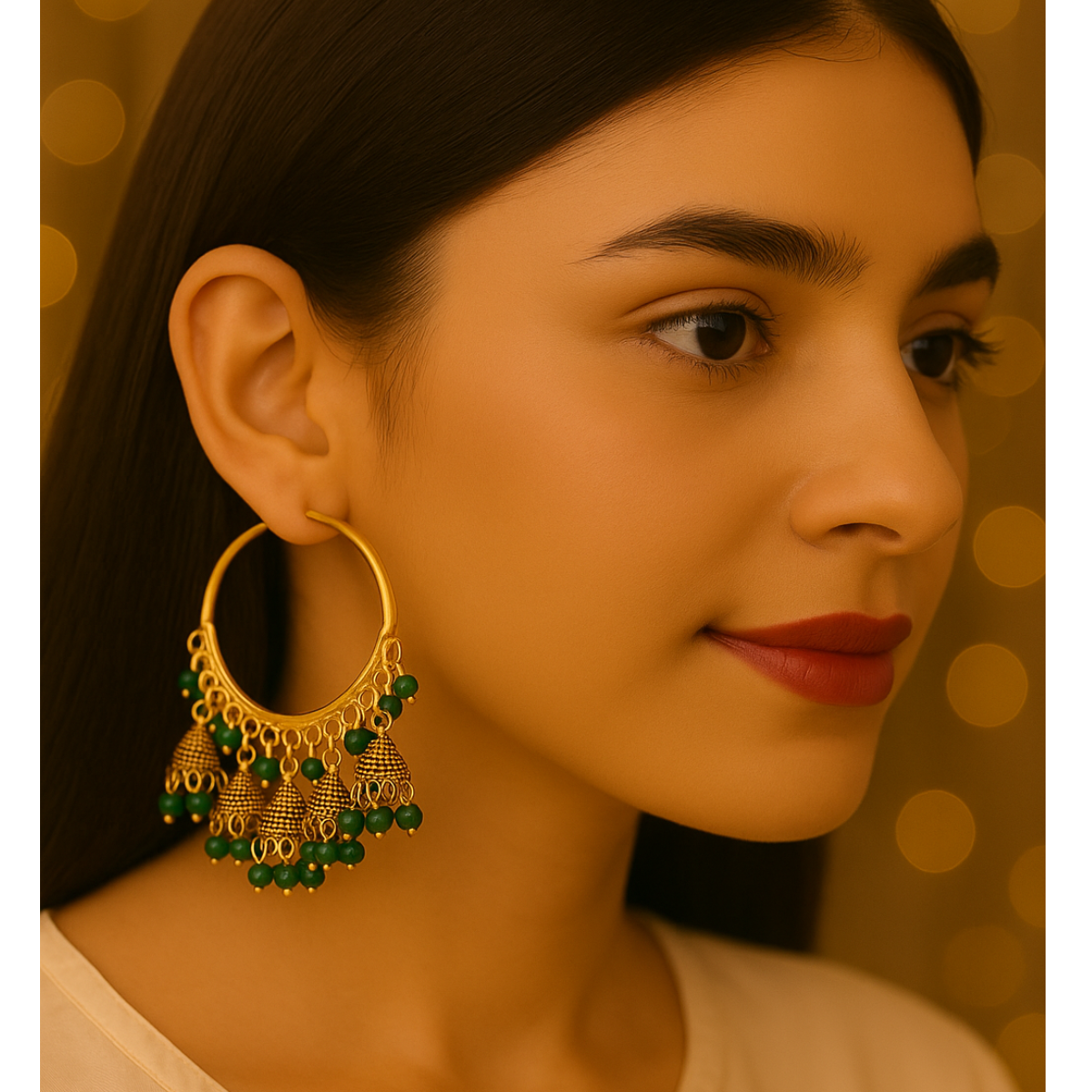 Hoop Earrings with Green Beads