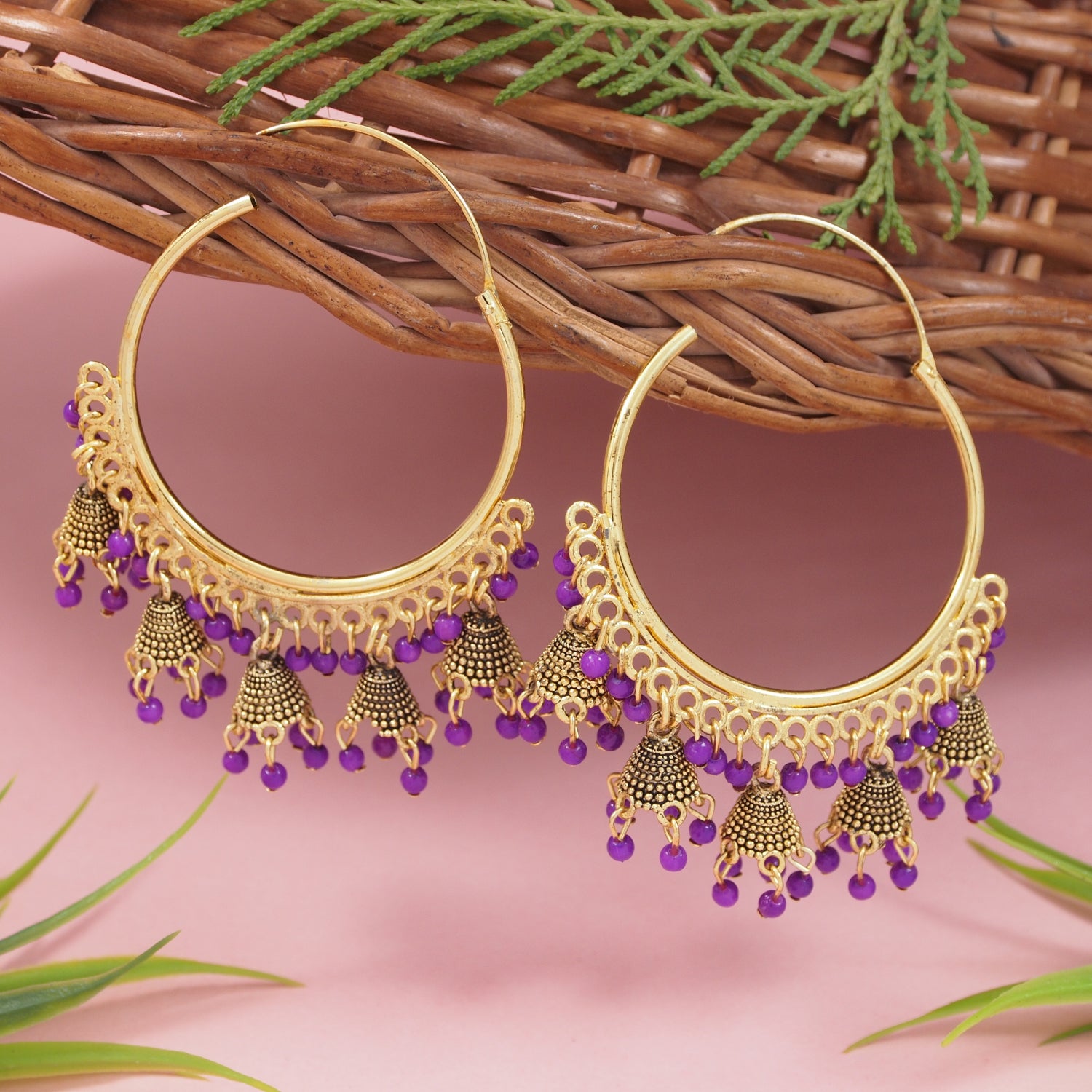 multi jhumka hoop earrings with purple beads