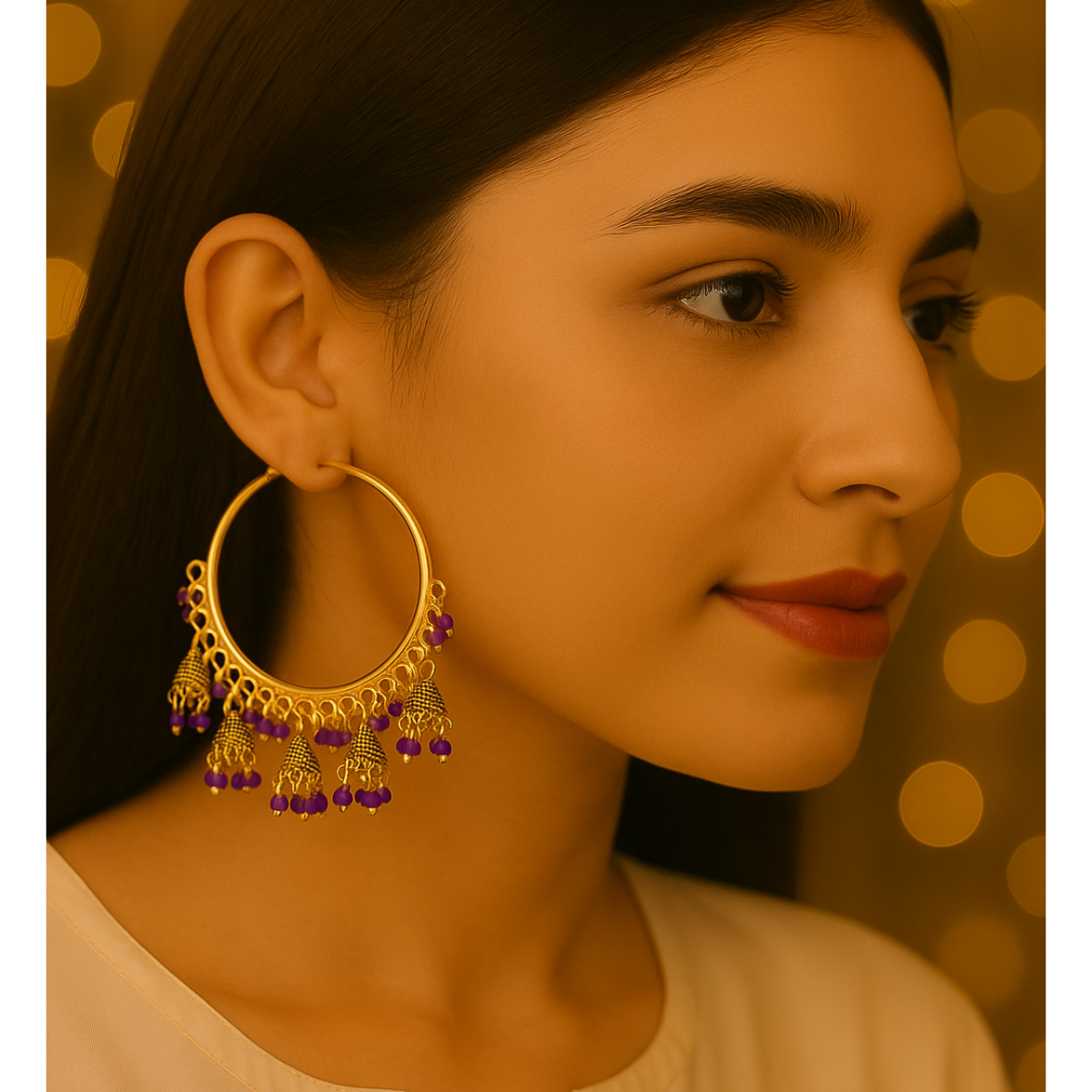 Hoop Earrings with Purple Beads