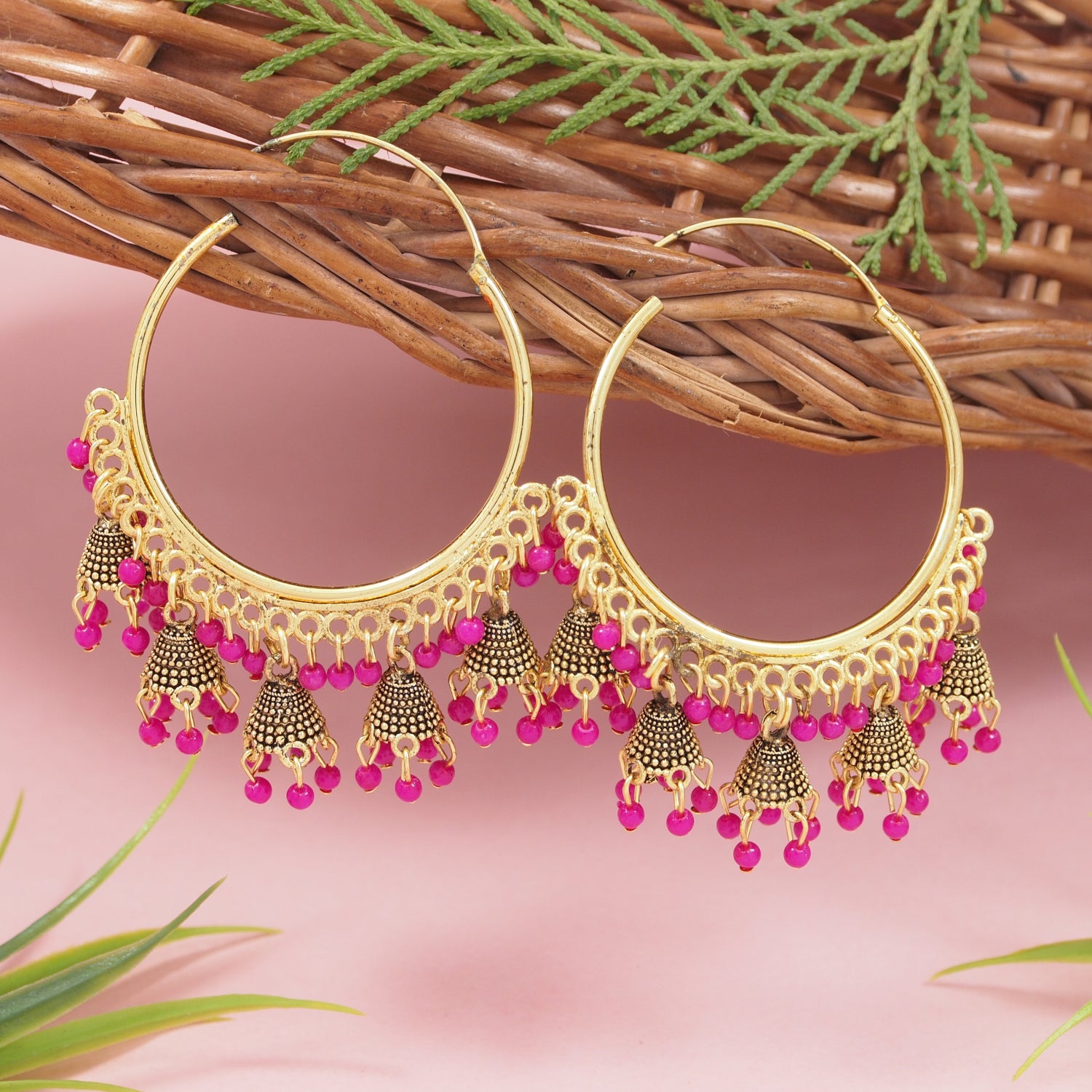 multi jhumka hoop earrings with pink beads