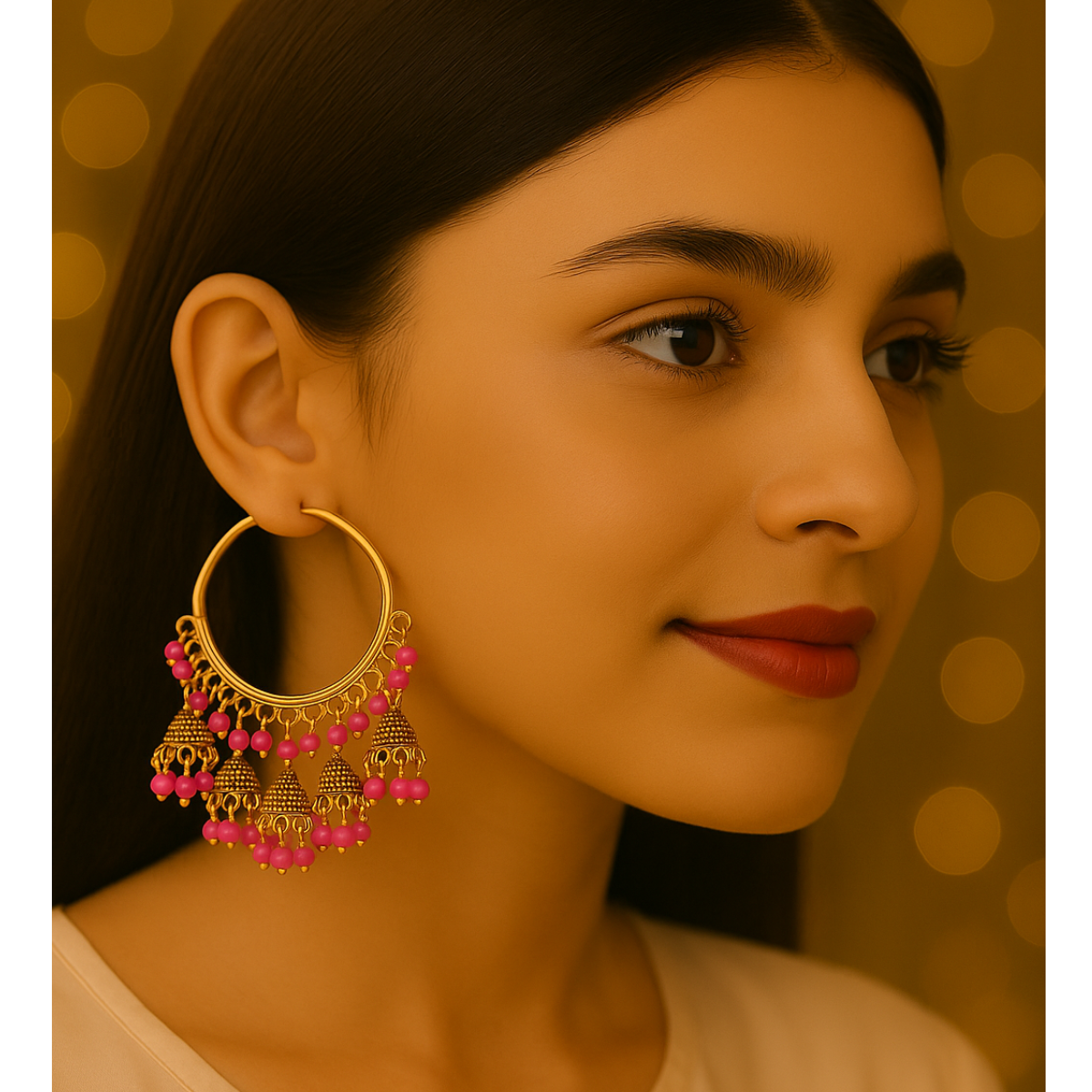 Hoop Earrings with Pink Beads