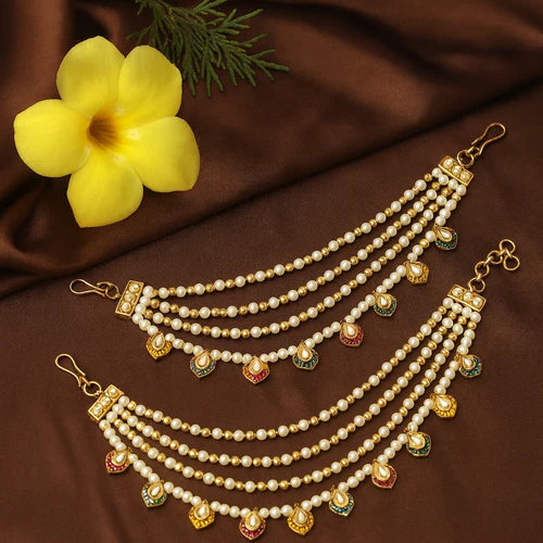 Pearl and Green Stone Kundan Earrings with Layered Beaded Ear Chains (Earring + Earchain Combo)