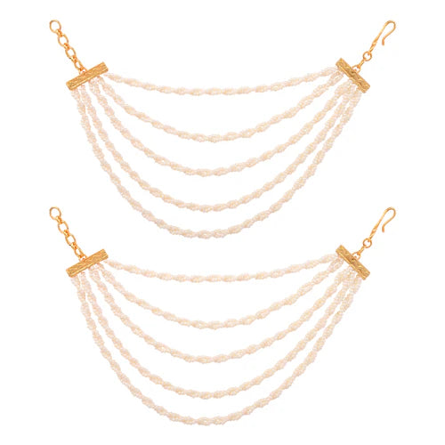 Floral Kundan Earrings with Layered Beaded Ear Chains (Earring + Earchain Combo)