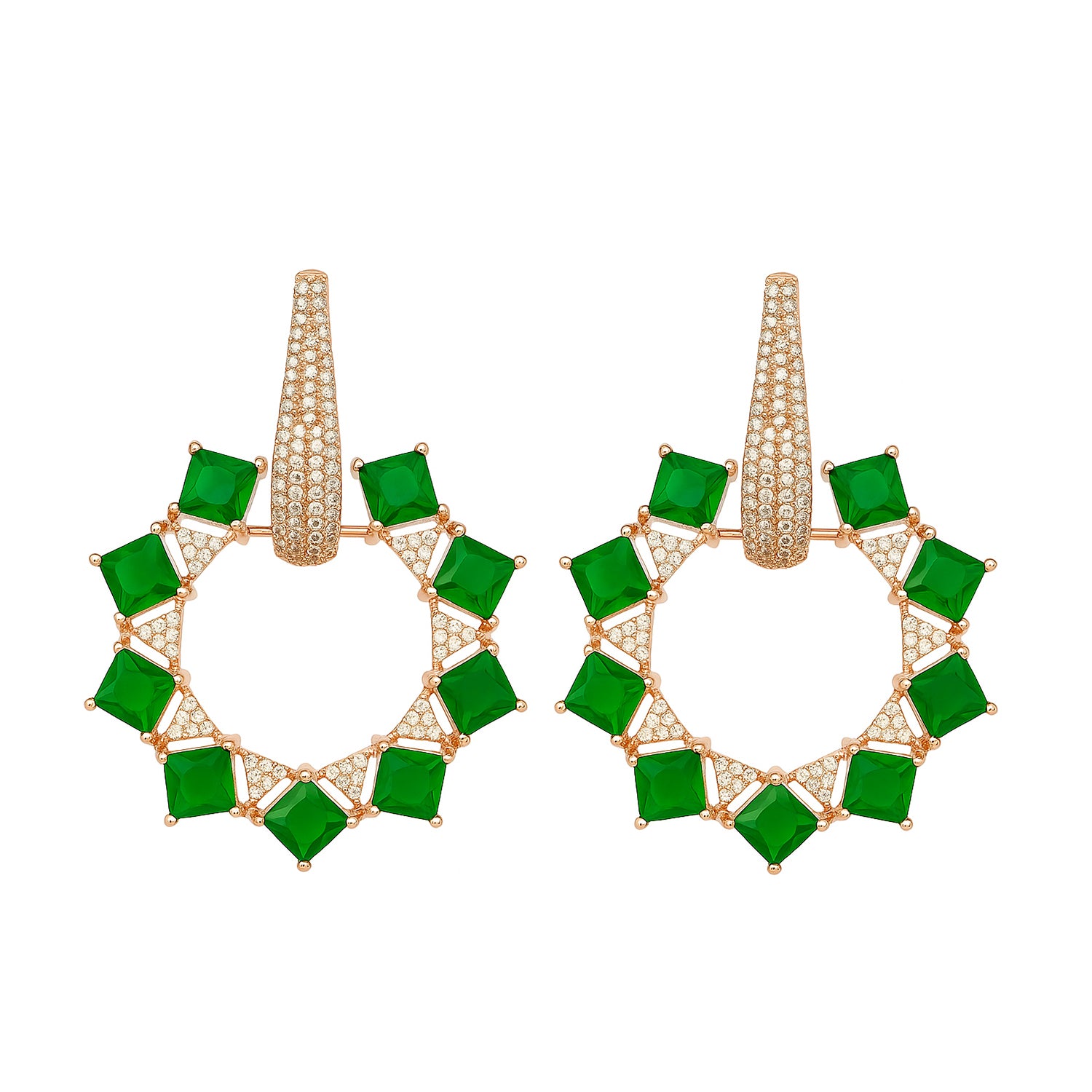 Aarika - Sparkling American Diamond Hoop Earrings with Emerald Stones