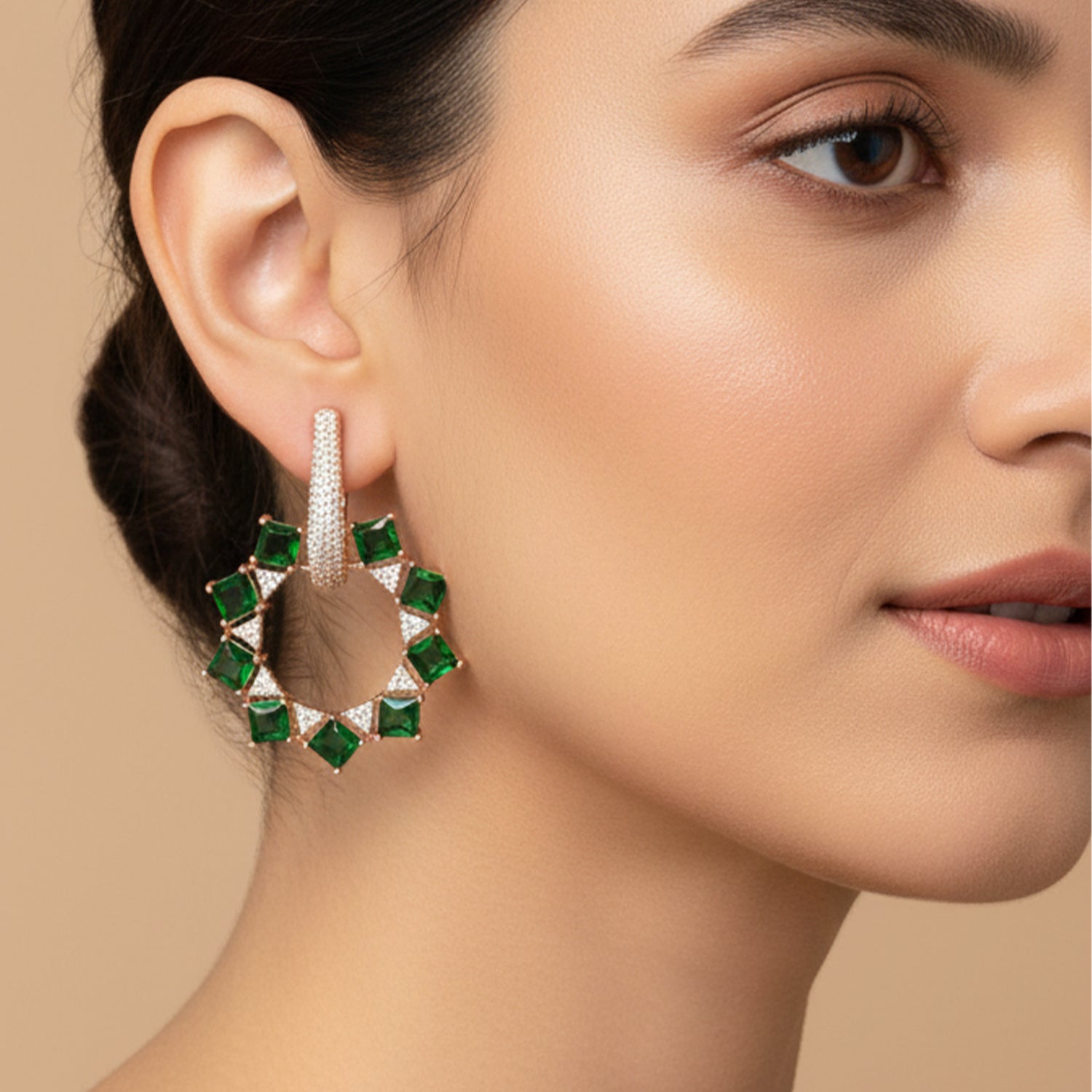 Aarika - Sparkling American Diamond Hoop Earrings with Emerald Stones