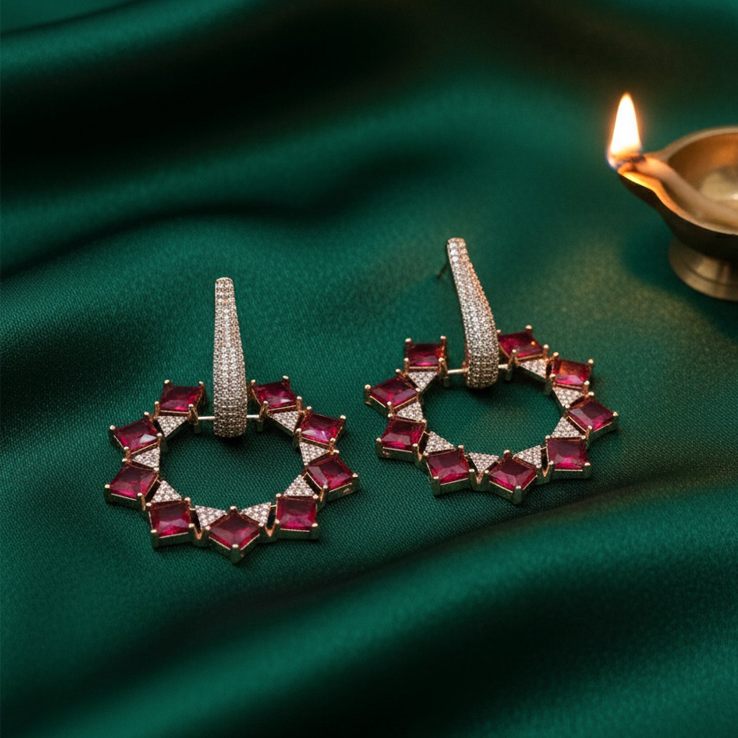 Aarika - Elegant American Diamond Hoop Earrings with Ruby Style Stones
