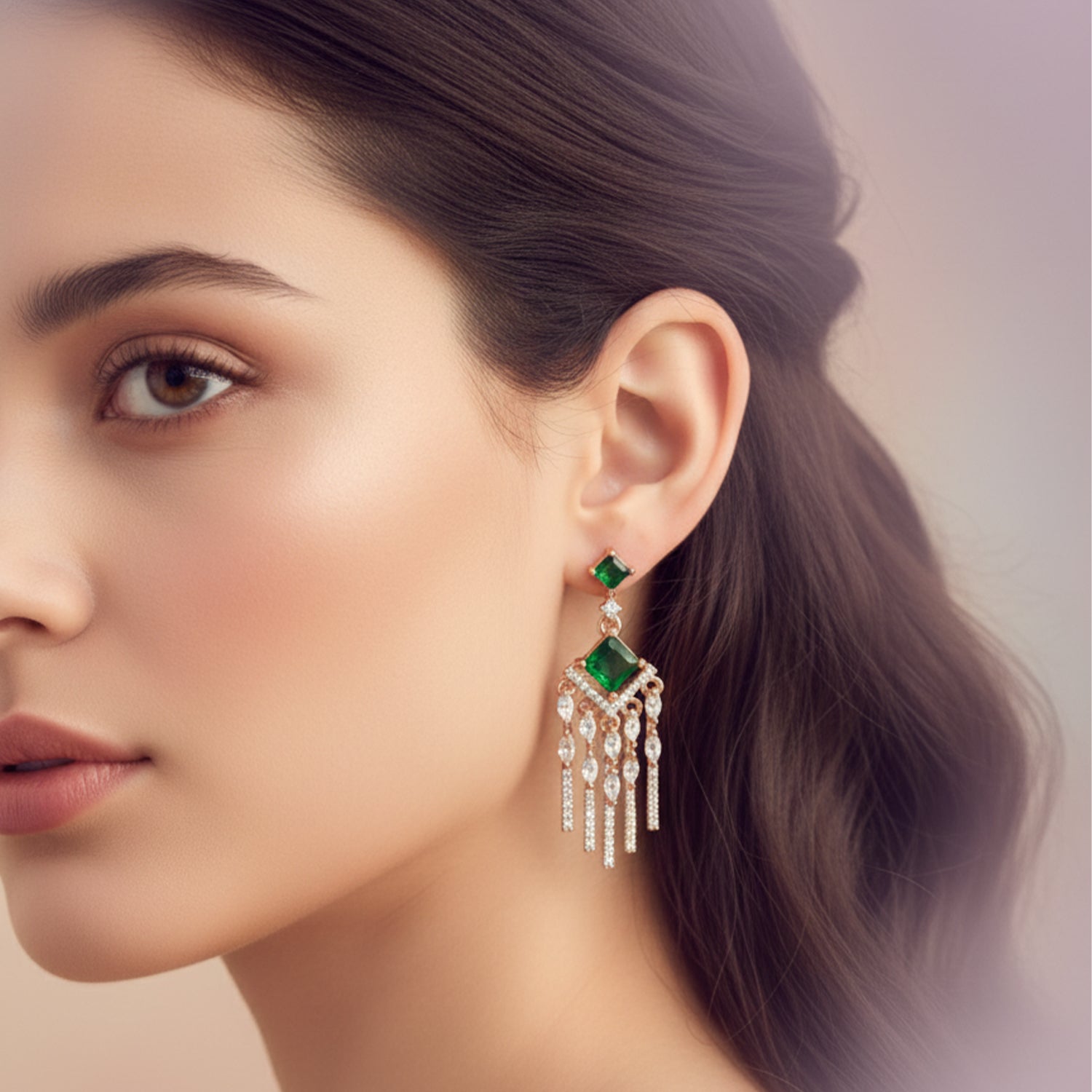 Aarvika - American Diamond Earrings with Green & Emerald Style Stones