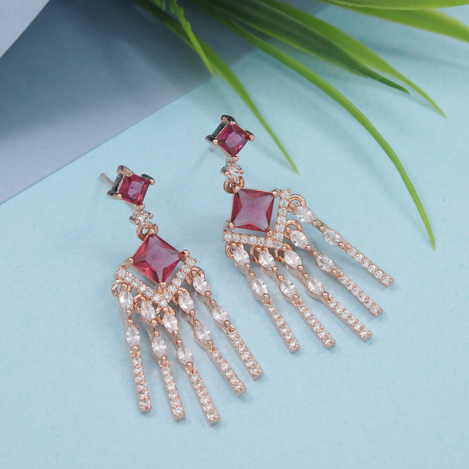 American Diamond earrings with simulated ruby stones and hanging design