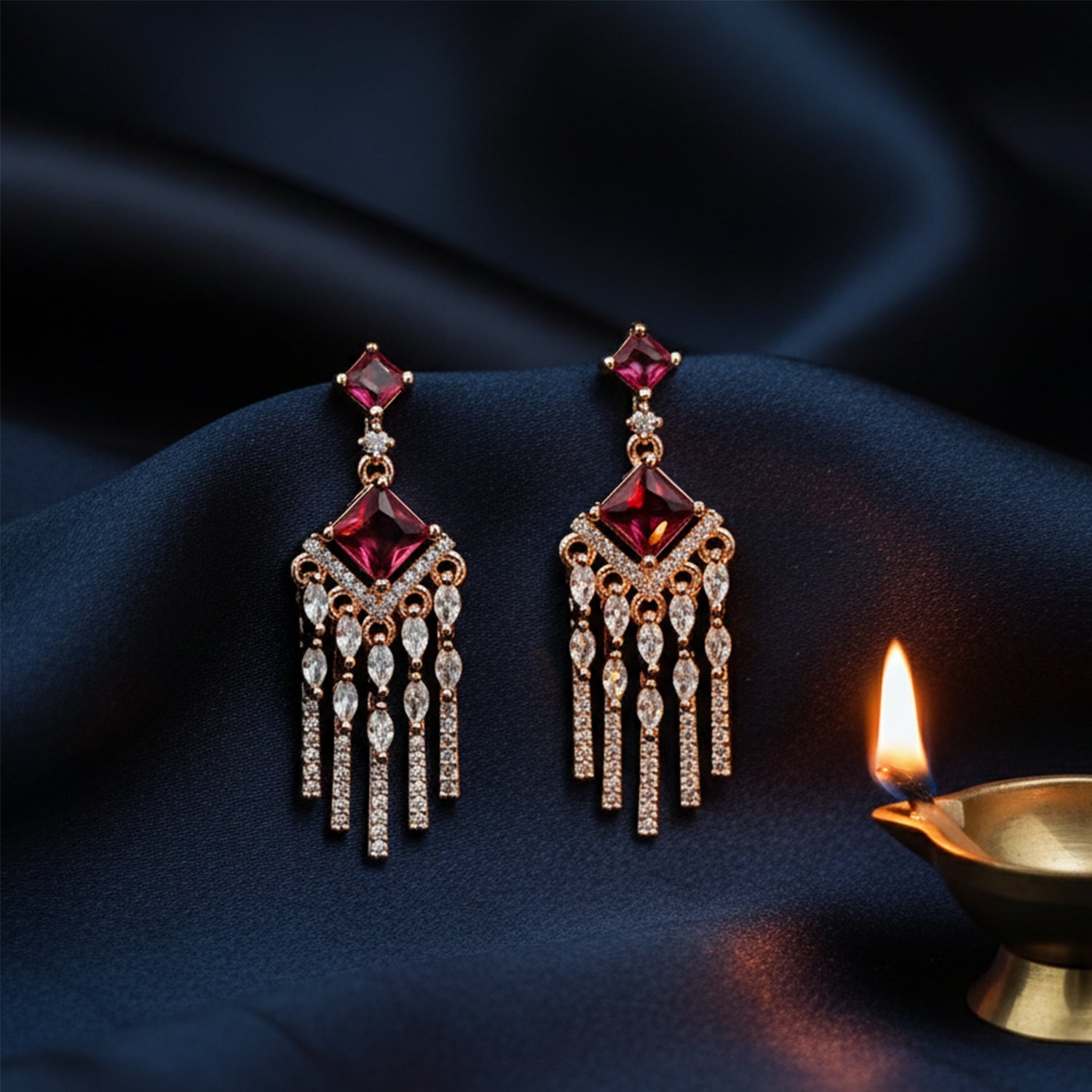 Aarvika - American Diamond Earrings with Ruby & Emerald Style Stones