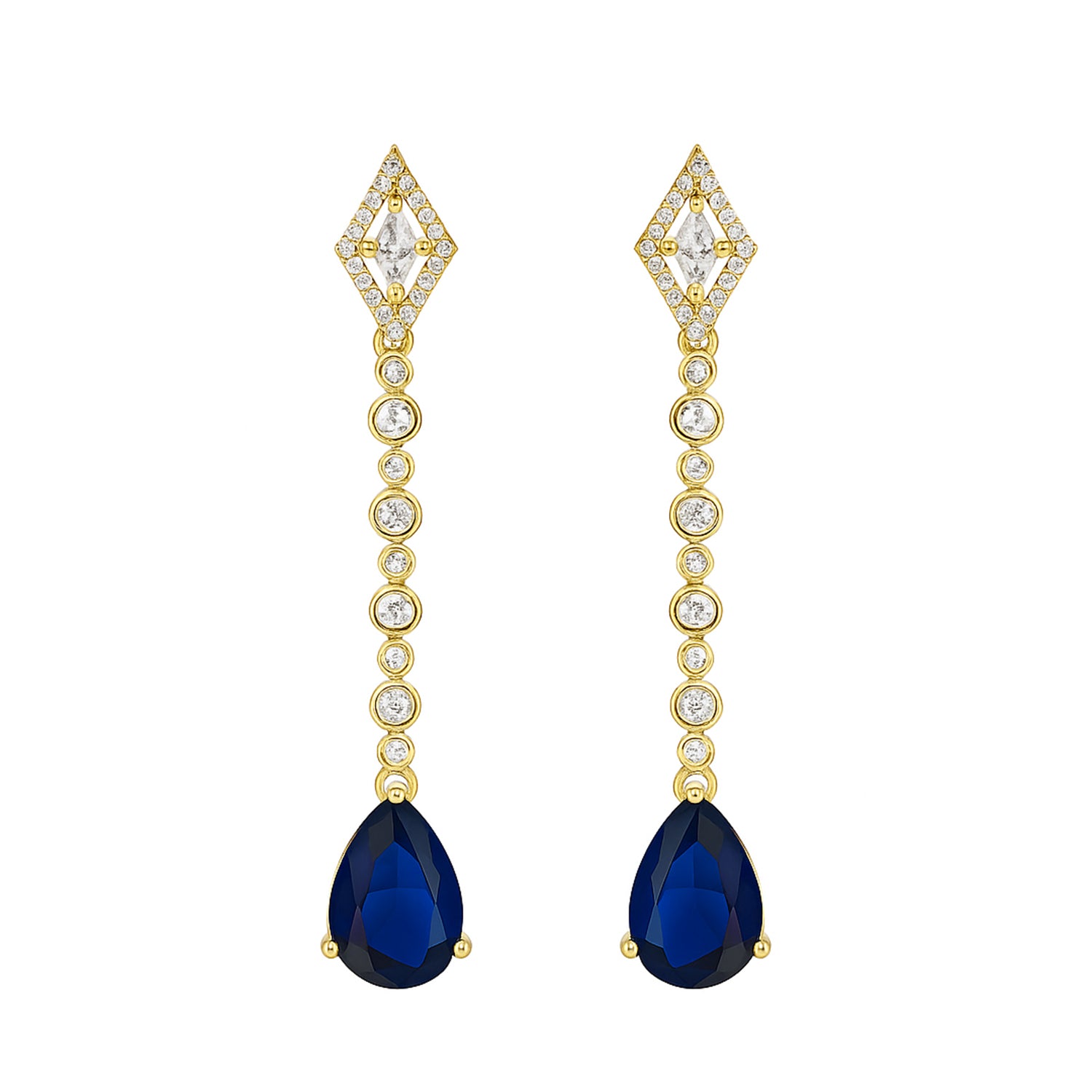 Zehana - American Diamond Long Drop Earrings with Sapphire Style Stones