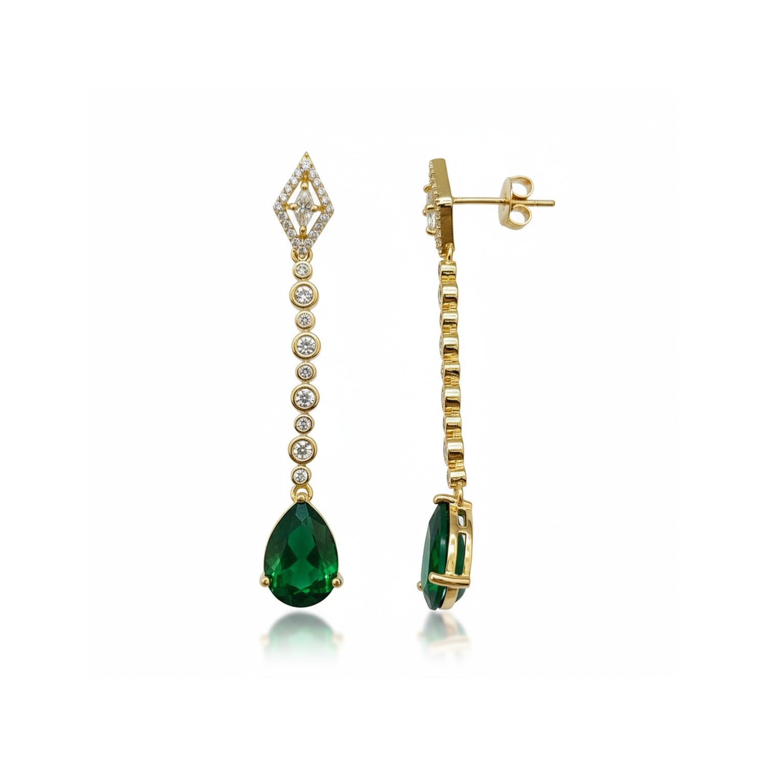 Zehana - Long Drop Earrings with Emerald Style Teardrop Stones