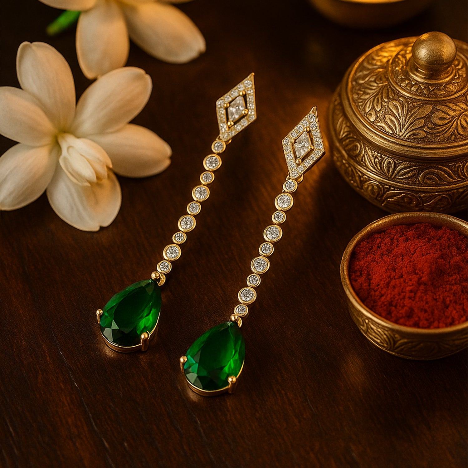 Zehana - Long Drop Earrings with Emerald Style Teardrop Stones