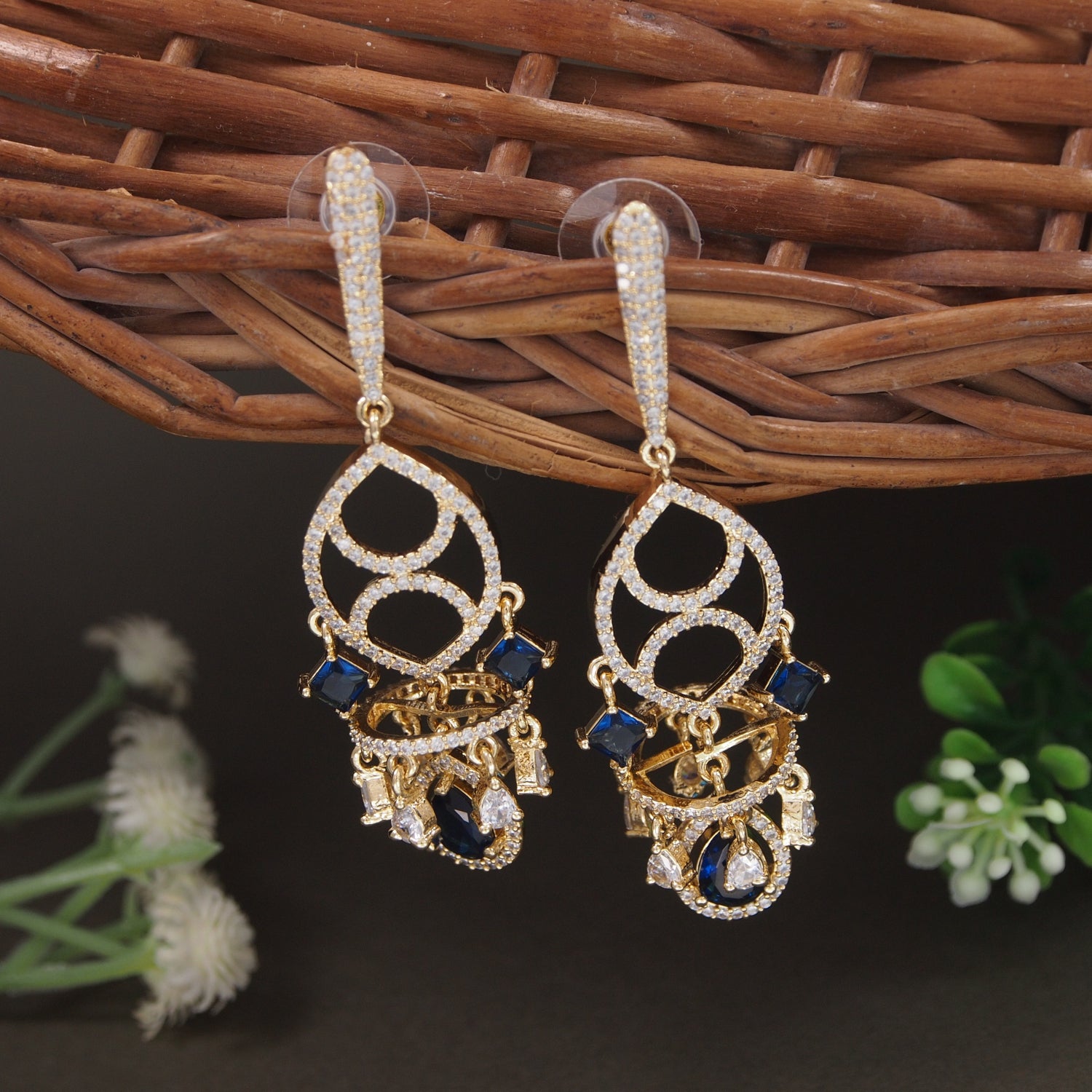 Naysha - American Diamond Chandelier Earrings with Blue Sapphire Style Stones