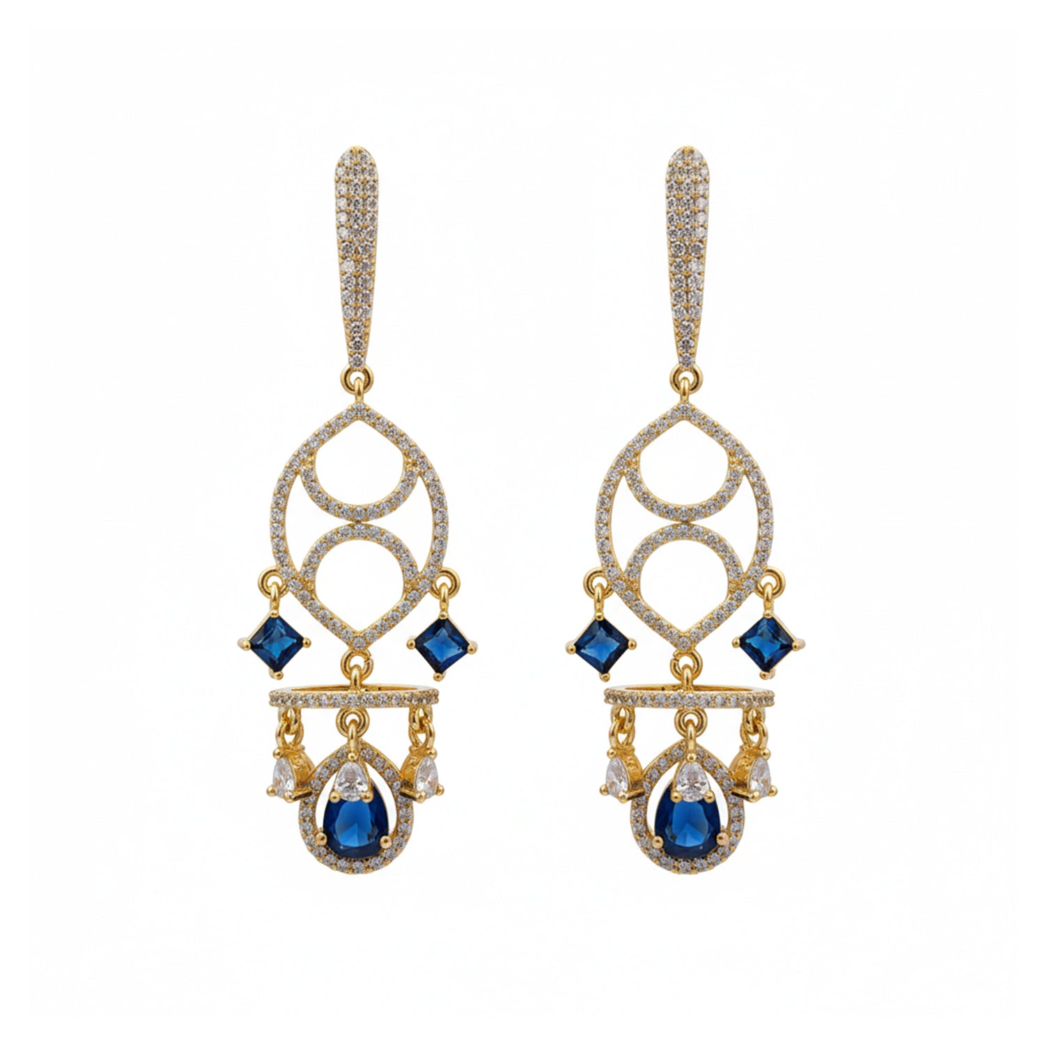 Naysha - American Diamond Chandelier Earrings with Blue Sapphire Style Stones