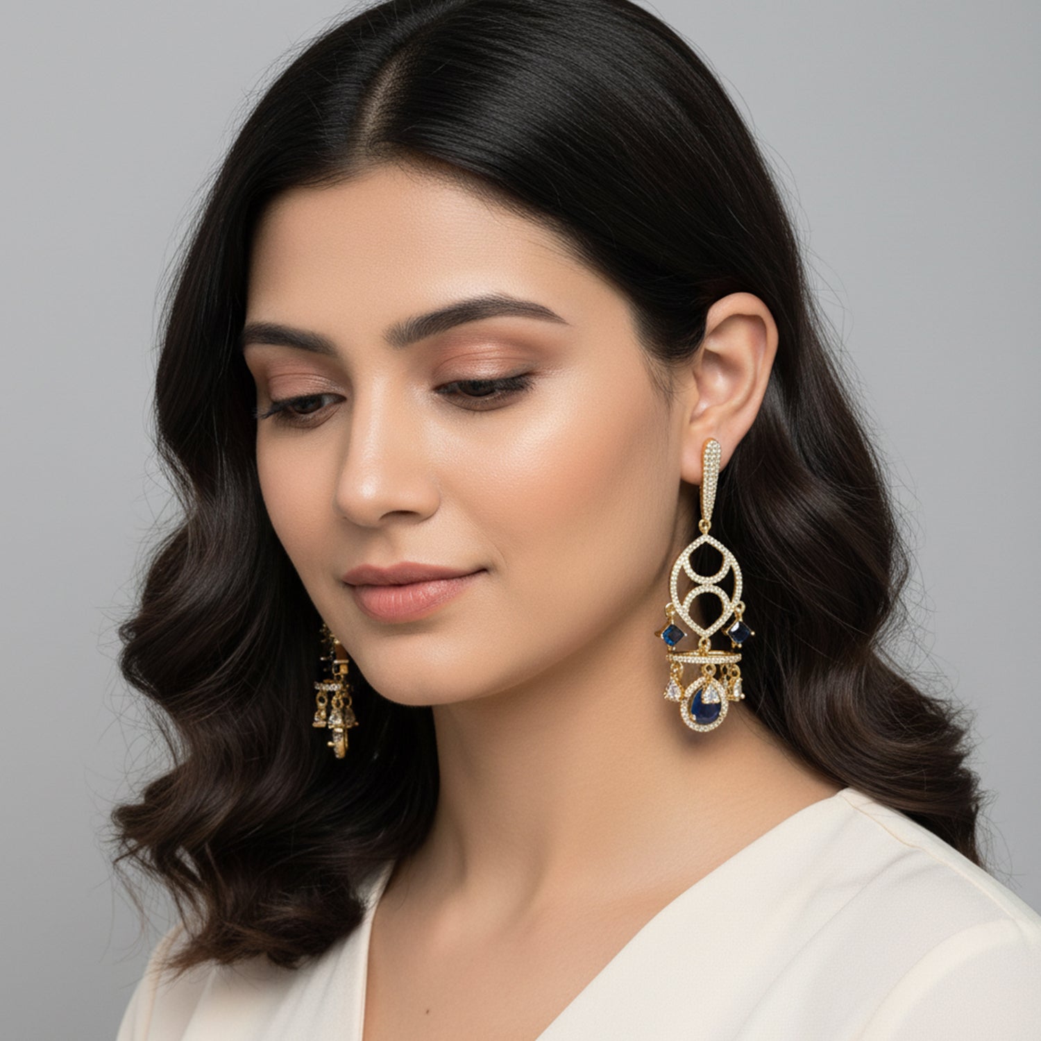 Naysha - American Diamond Chandelier Earrings with Blue Sapphire Style Stones