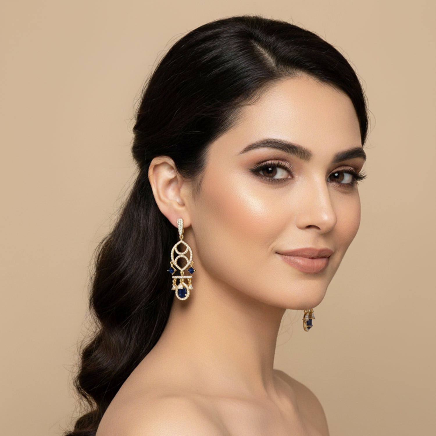 Naysha - American Diamond Chandelier Earrings with Blue Sapphire Style Stones