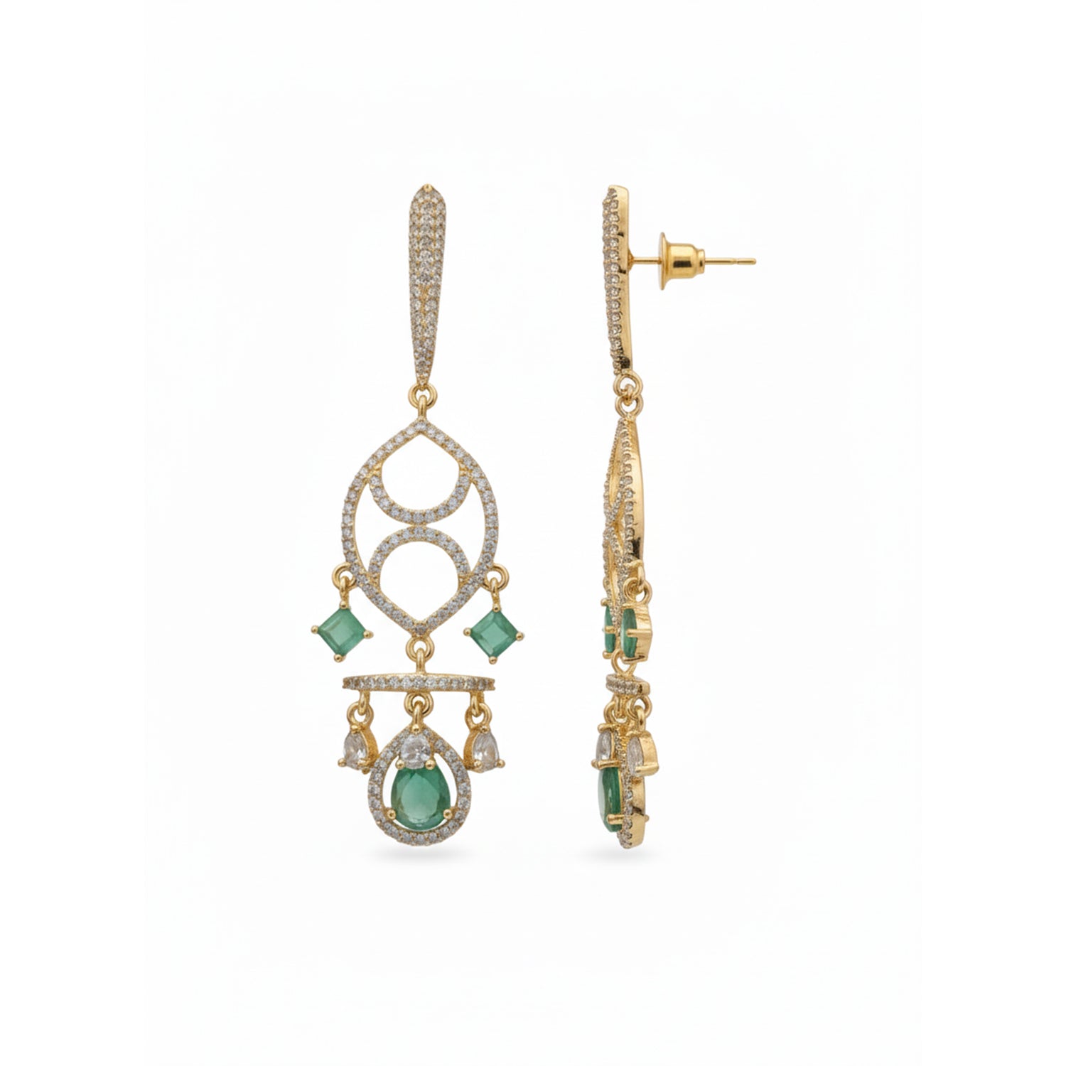 Naysha - American Diamond Chandelier Earrings with Mint Green Style Stones