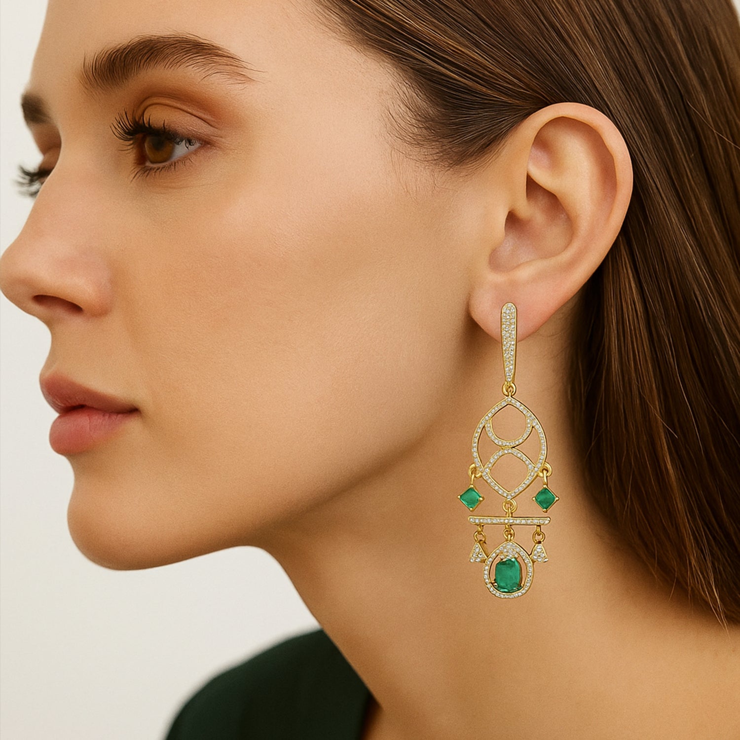 Naysha - American Diamond Chandelier Earrings with Mint Green Style Stones