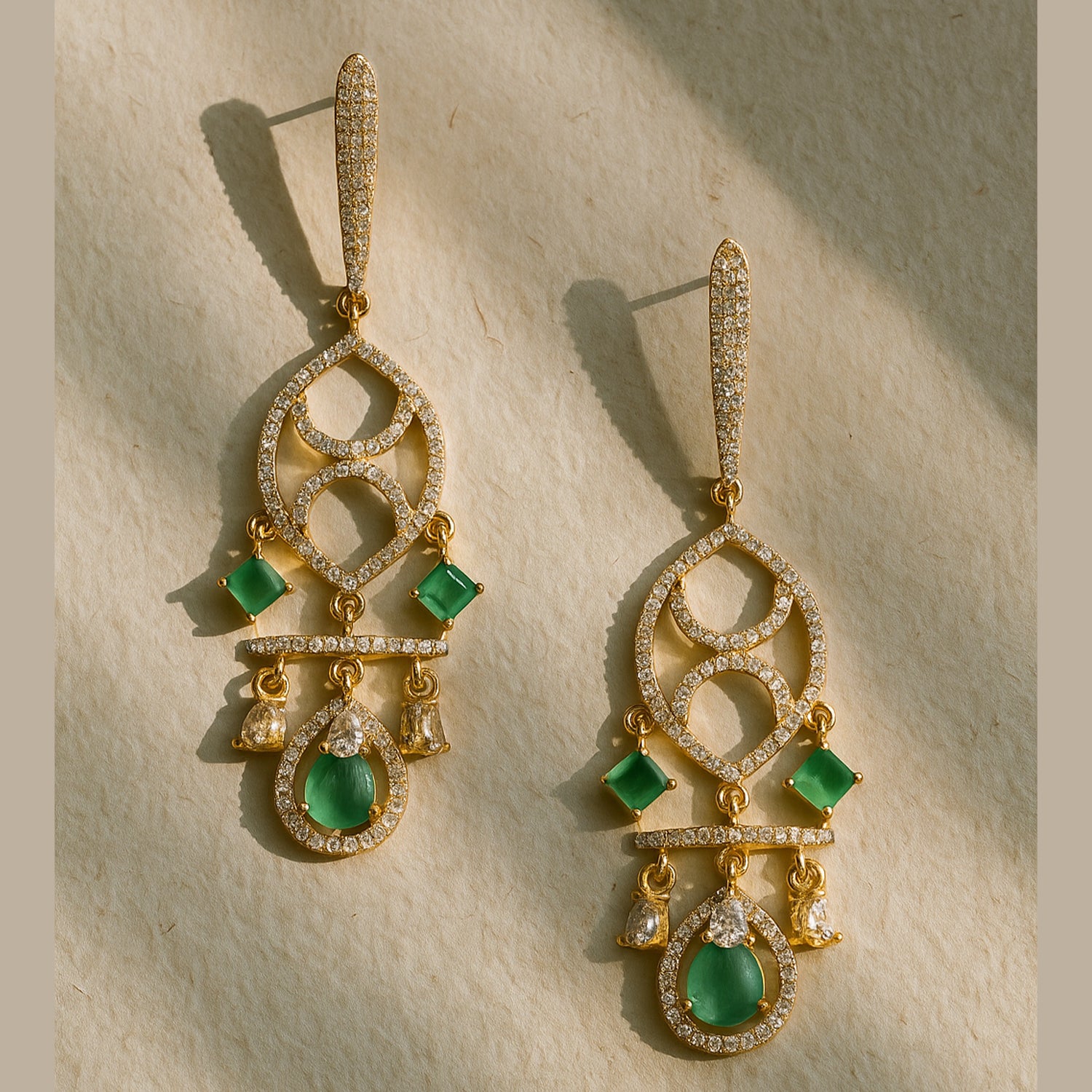 Naysha - American Diamond Chandelier Earrings with Mint Green Style Stones