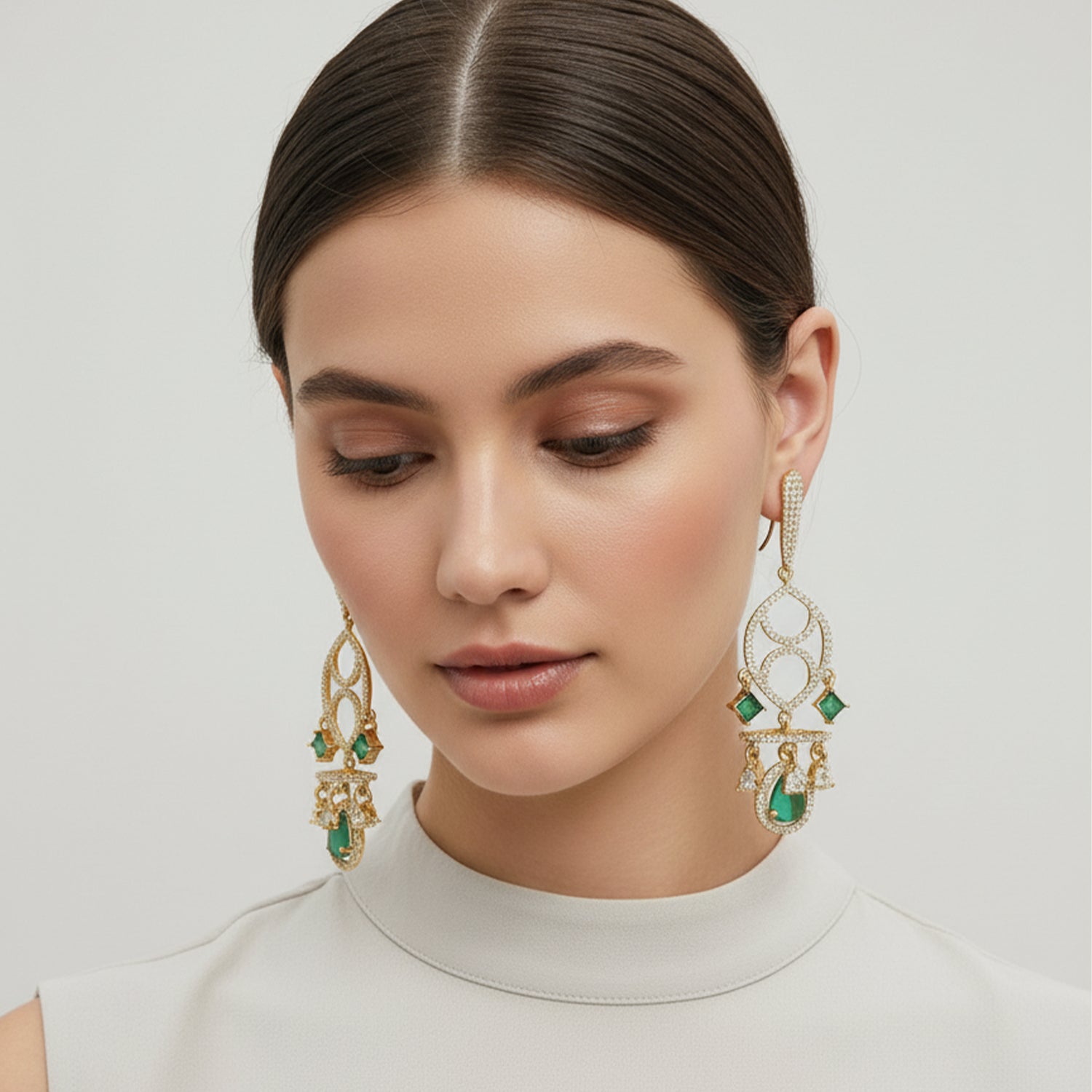 Naysha - American Diamond Chandelier Earrings with Mint Green Style Stones