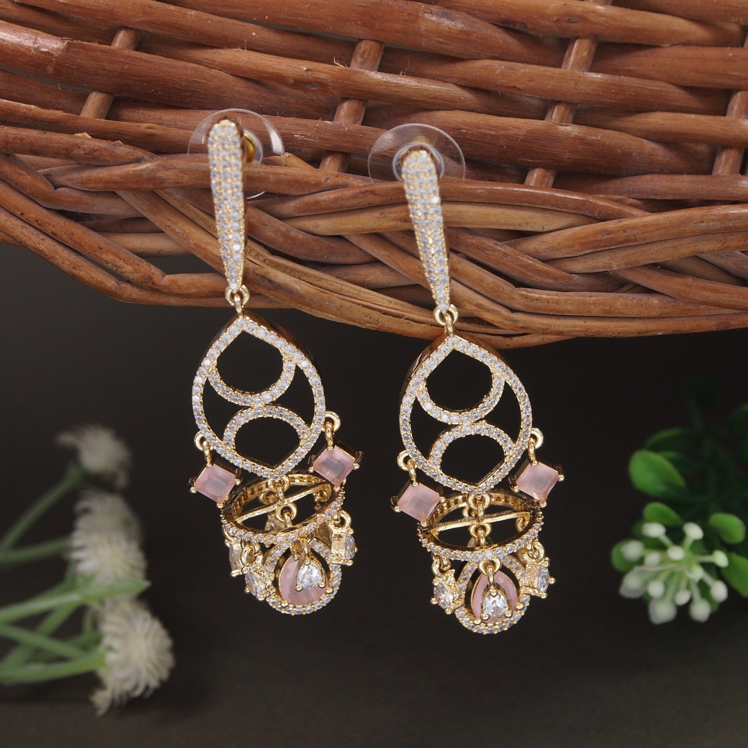 Naysha - American Diamond Chandelier Earrings with Pink Stone Detailing