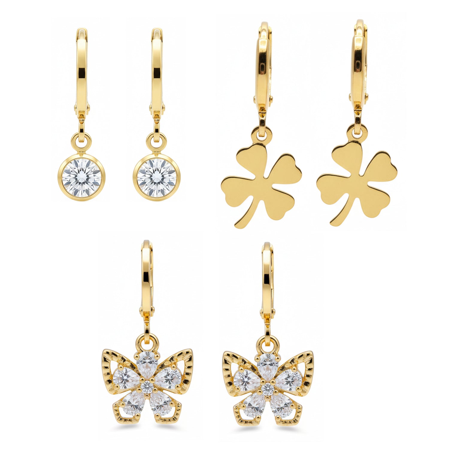 Lucy- Stylish Drop Earrings Featuring Solitaire, Clover, and Butterfly