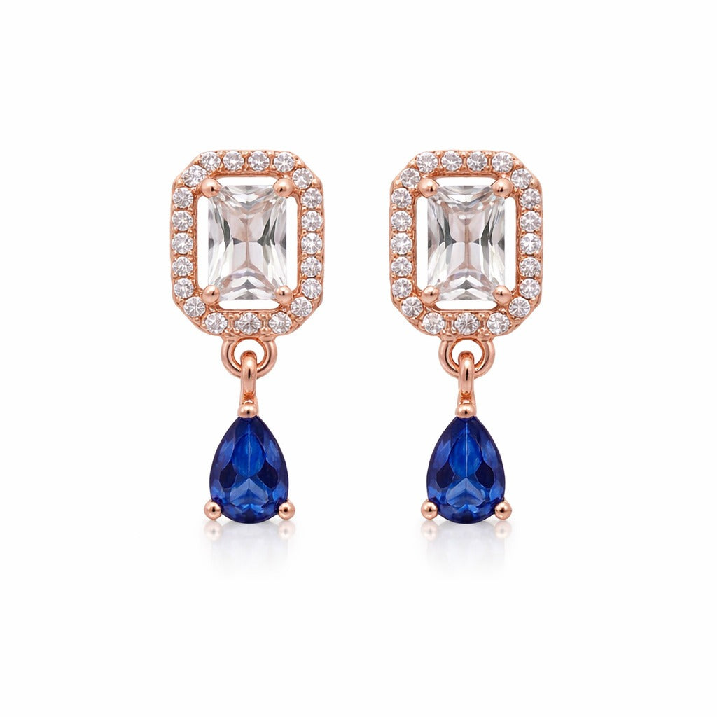Clare- Blue Teardrop Stud Earrings in Rose Gold Finish