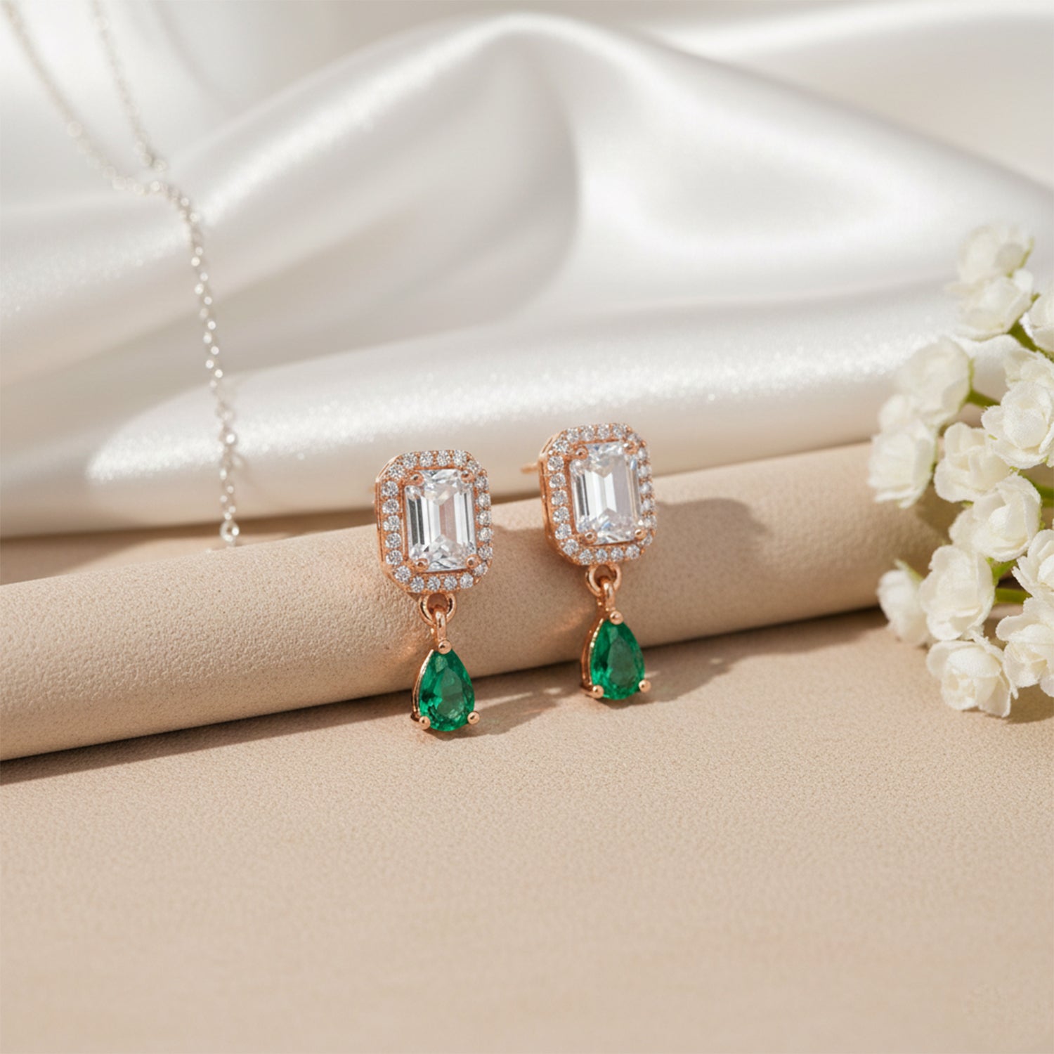 Clare- Green Teardrop Stud Earrings in Rose Gold Finish