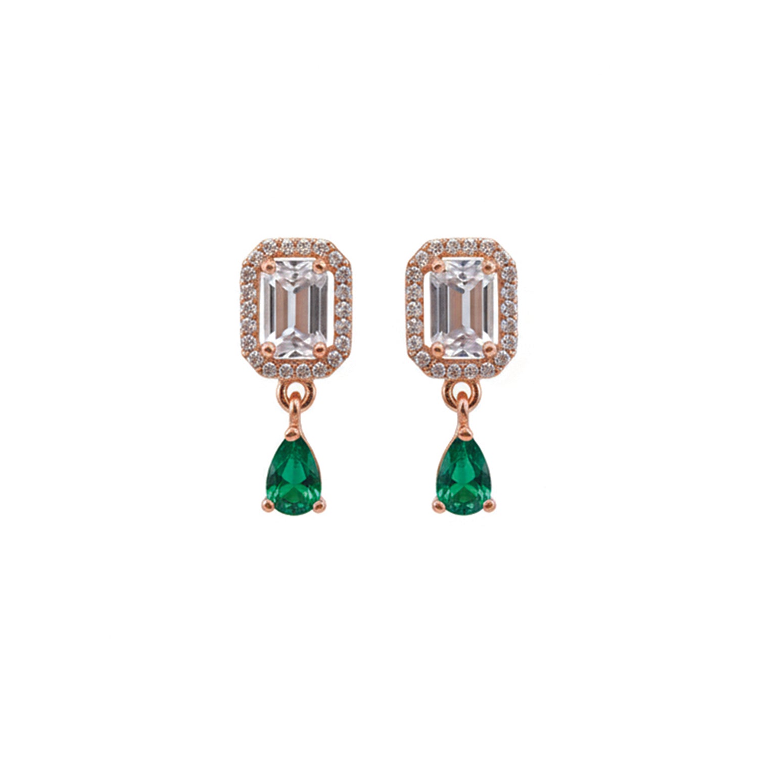 Clare- Green Teardrop Stud Earrings in Rose Gold Finish