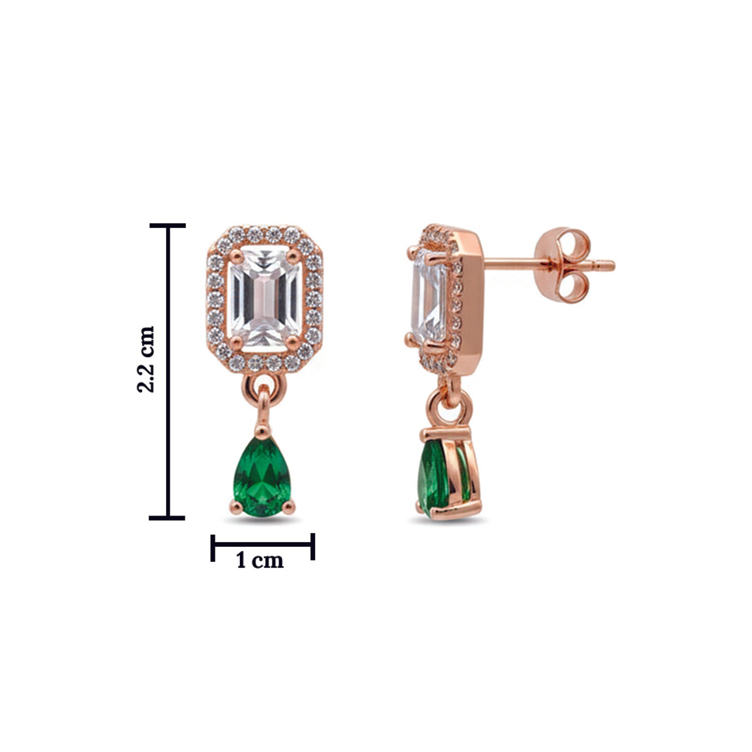 Clare- Green Teardrop Stud Earrings in Rose Gold Finish