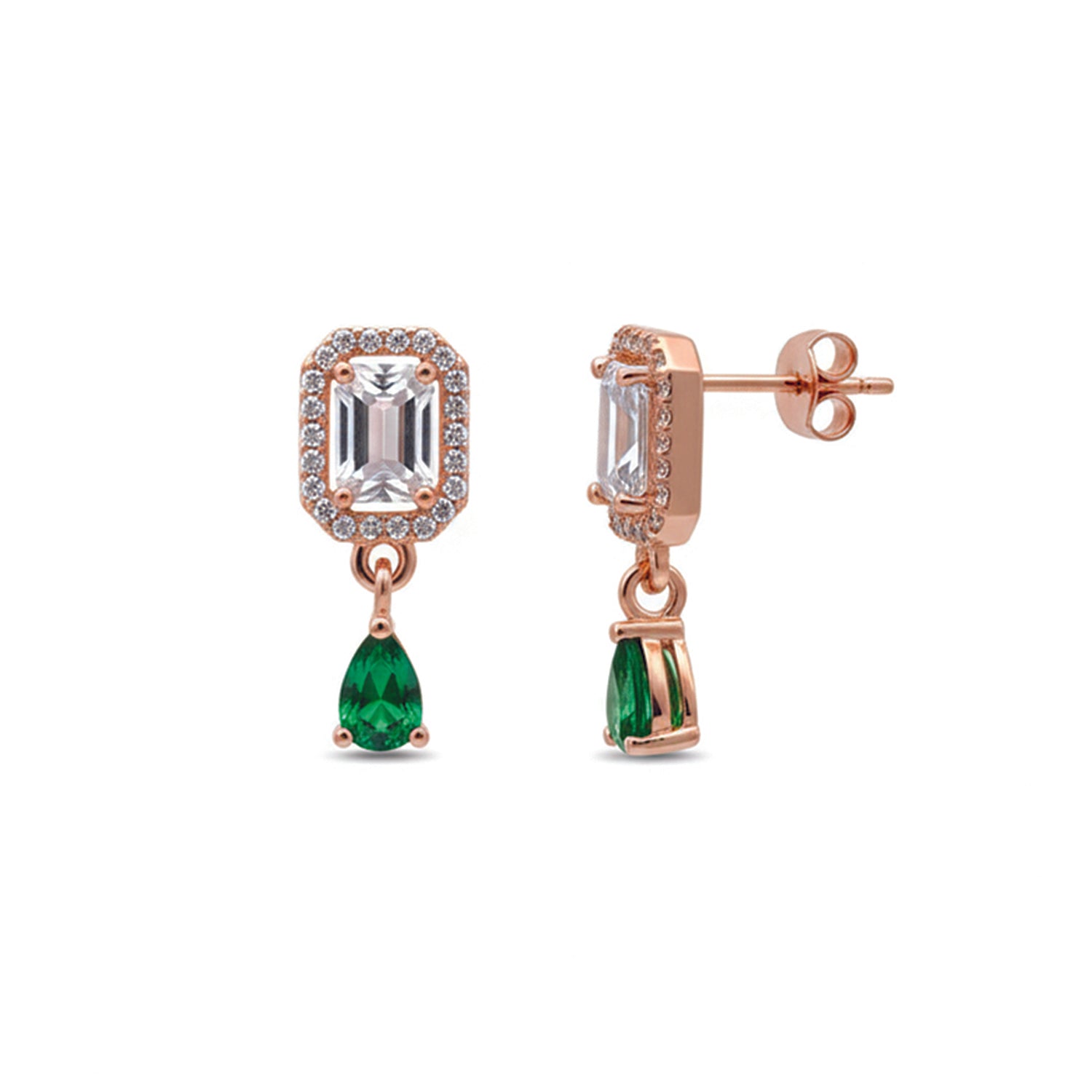Clare- Green Teardrop Stud Earrings in Rose Gold Finish