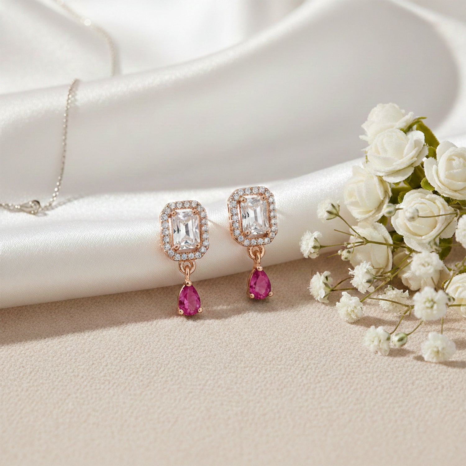 Clare- Dark Pink Teardrop Stud Earrings in Rose Gold Finish