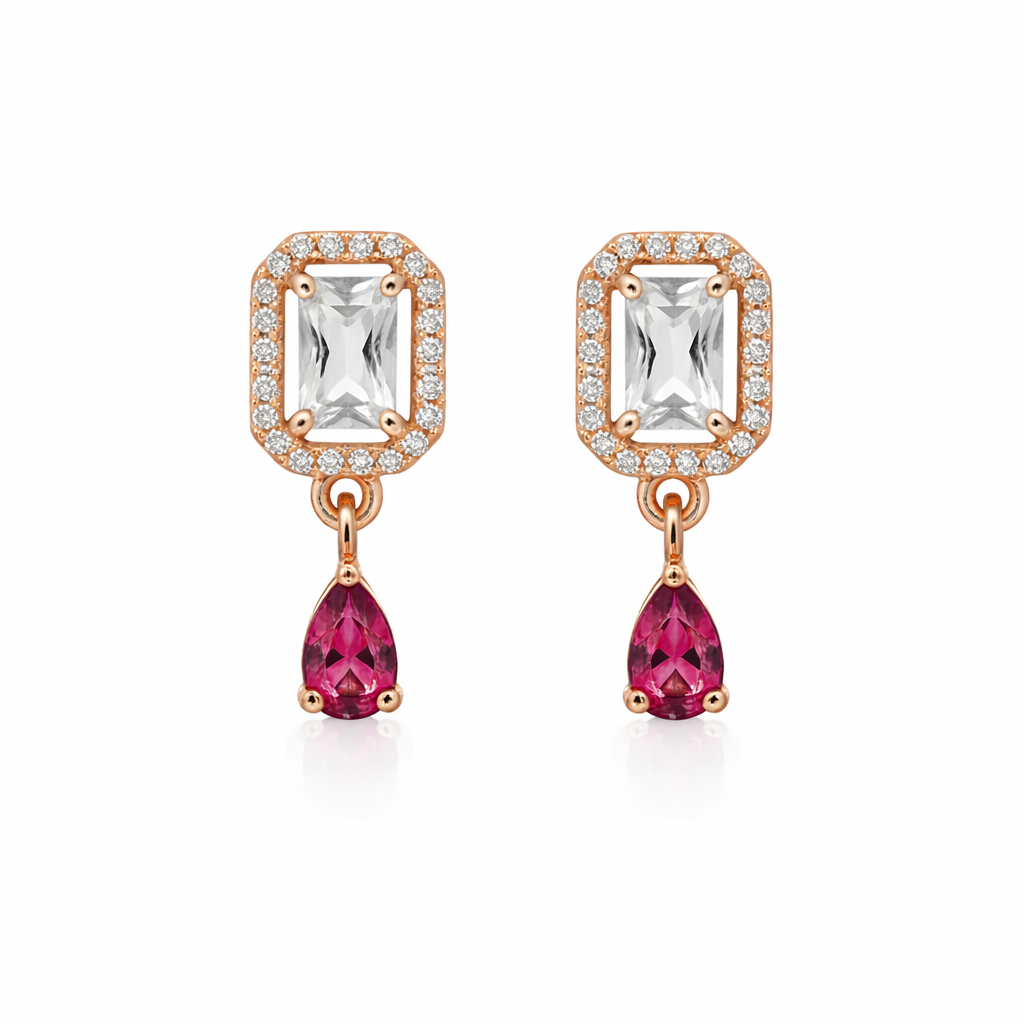 Clare- Dark Pink Teardrop Stud Earrings in Rose Gold Finish