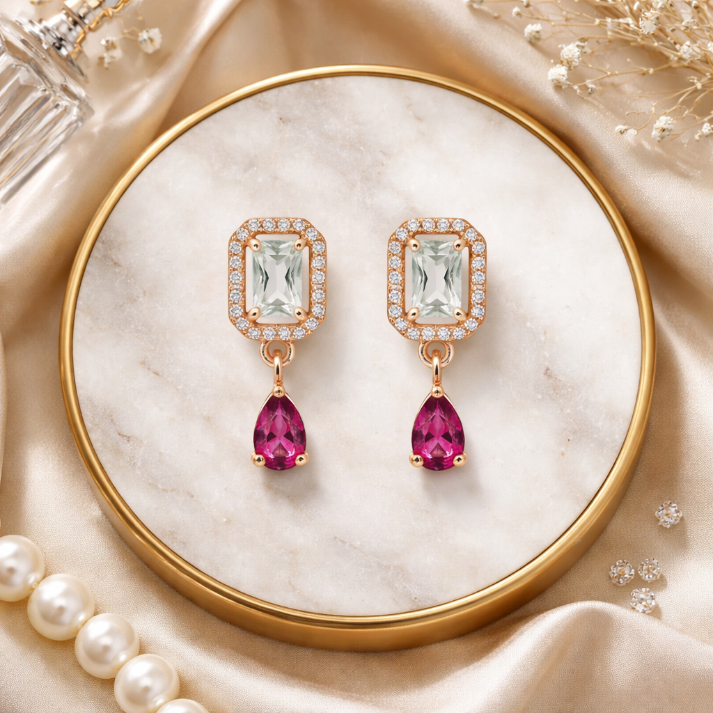 Clare- Dark Pink Teardrop Stud Earrings in Rose Gold Finish