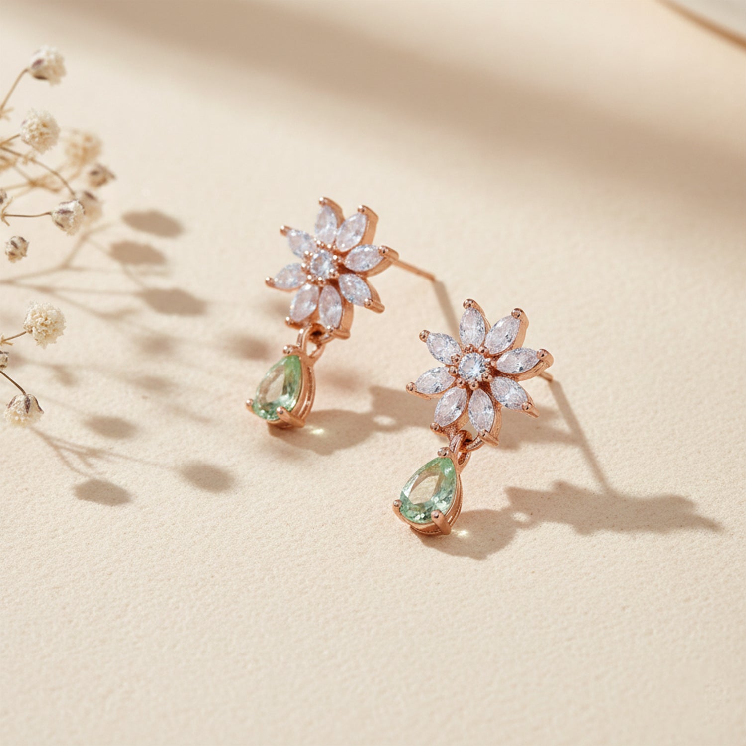 Elena Mint Bloom Drop Earrings in Rose Gold Finish