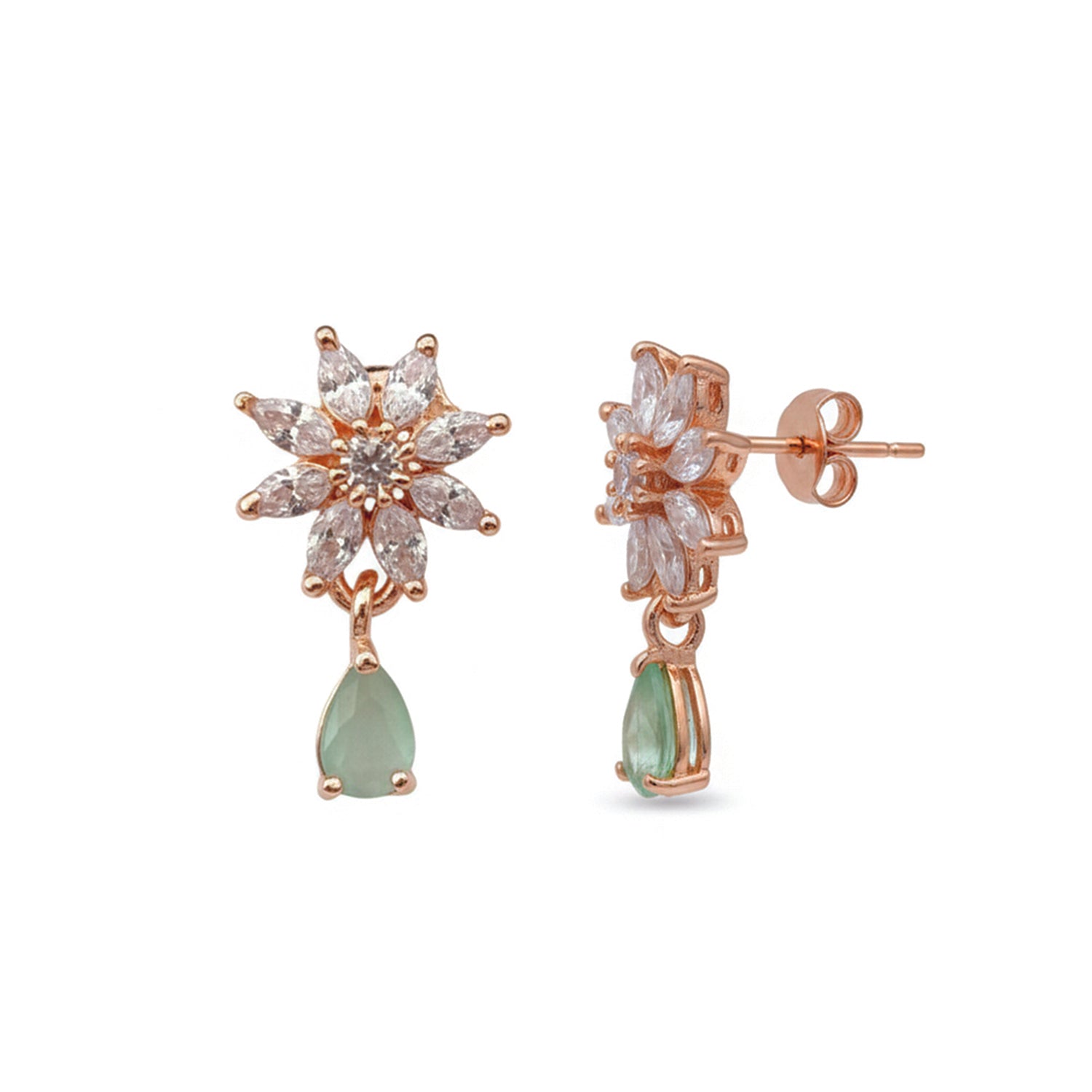 Elena Mint Bloom Drop Earrings in Rose Gold Finish