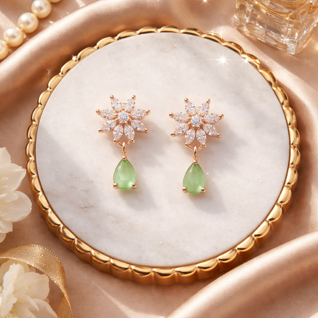 Elena Mint Bloom Drop Earrings in Rose Gold Finish