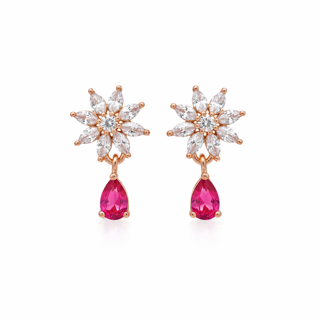 Elena Dark Pink Bloom Drop Earrings in Rose Gold Finish