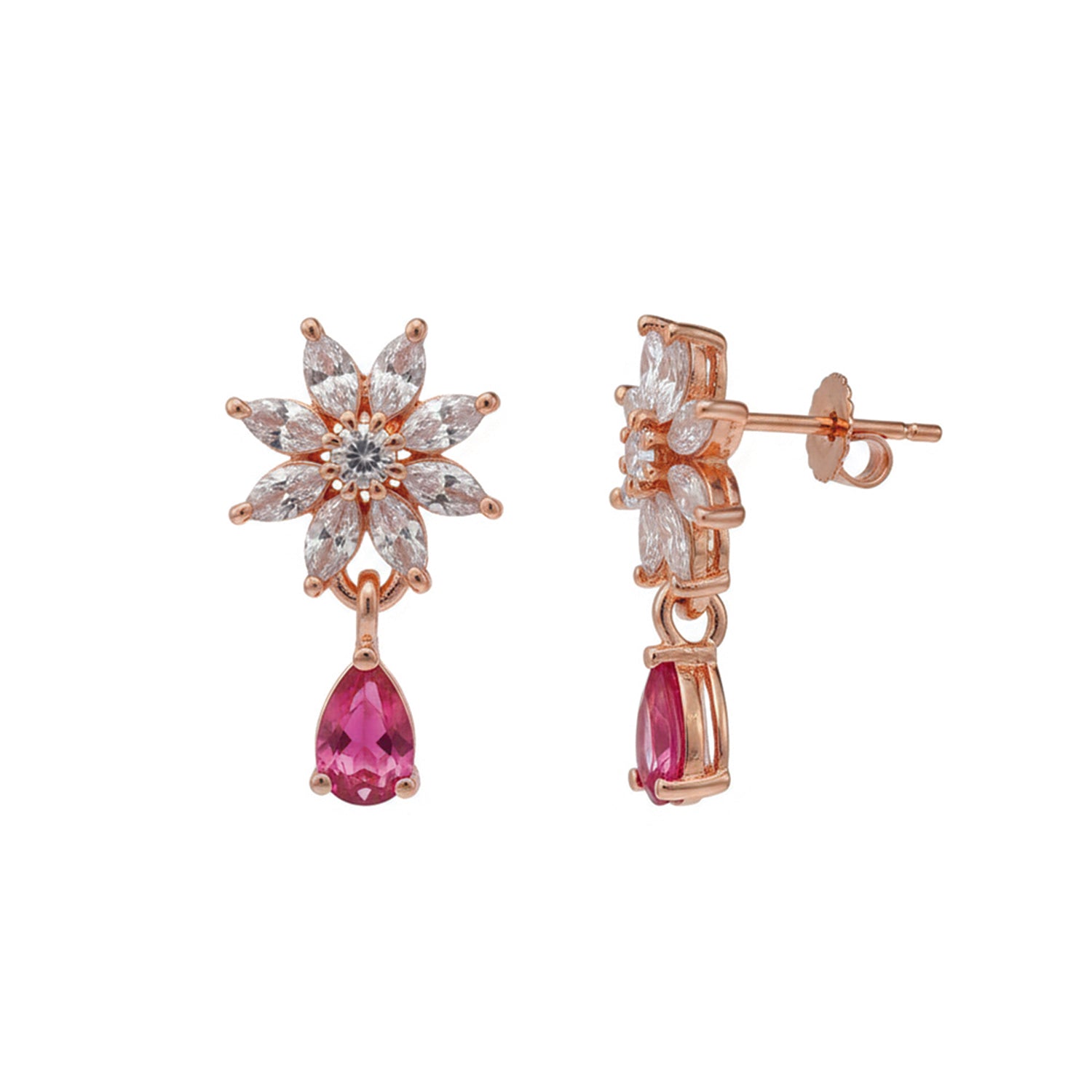 Elena Dark Pink Bloom Drop Earrings in Rose Gold Finish