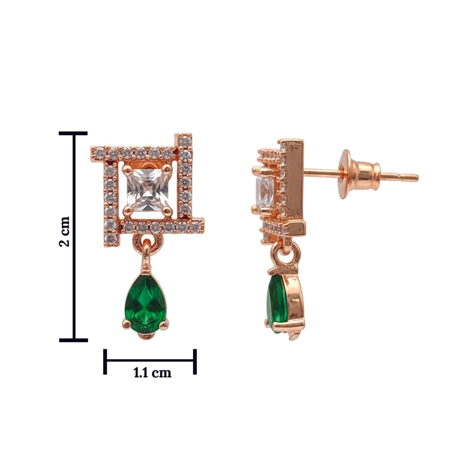 Celina- Green Drop Geometric Stud Earrings in Rose Gold Finish