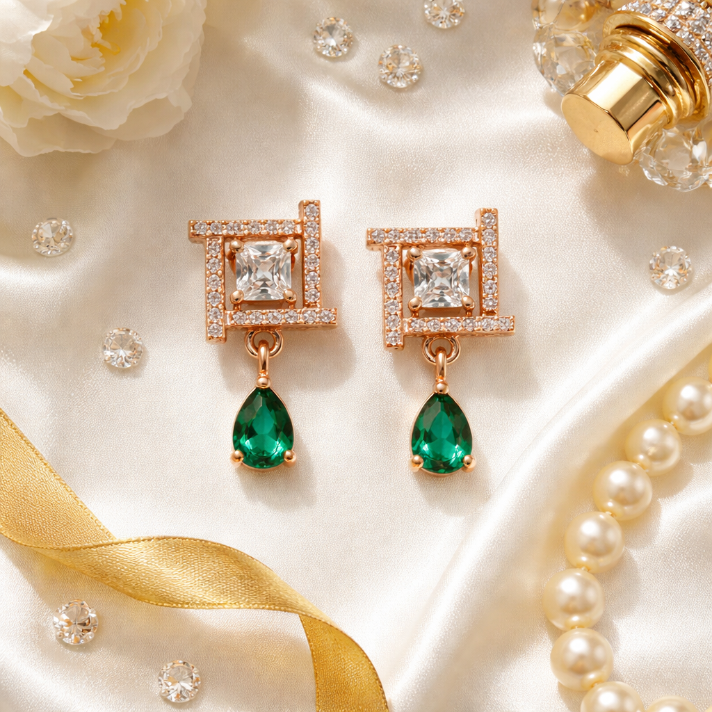 Celina- Green Drop Geometric Stud Earrings in Rose Gold Finish