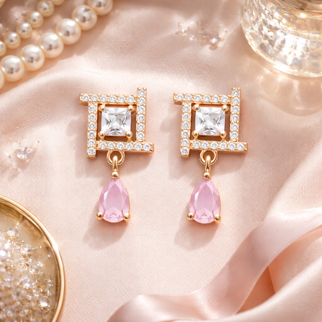 Celina- Dark Pink Drop Geometric Stud Earrings in Rose Gold Finish