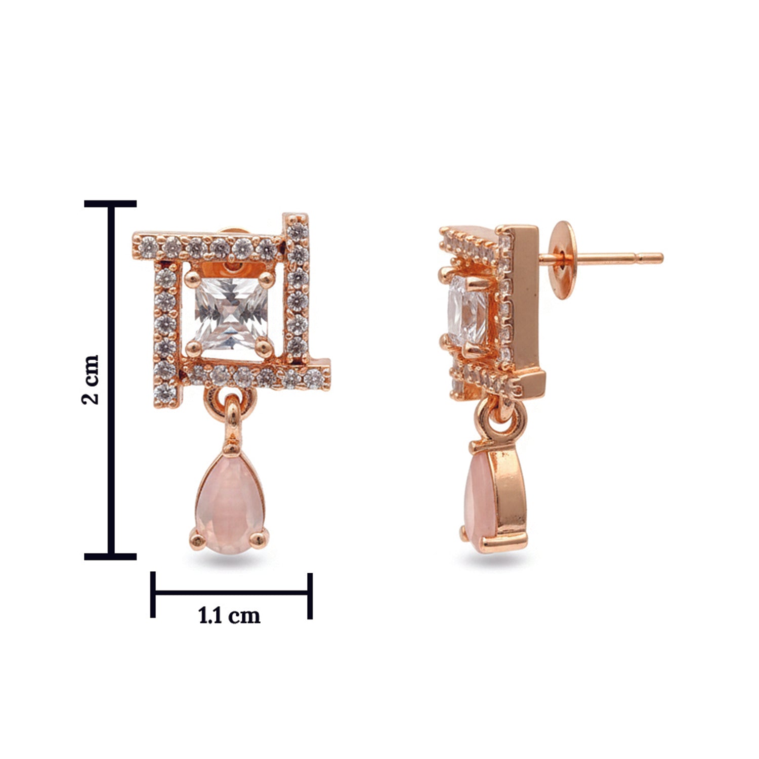 Celina- Dark Pink Drop Geometric Stud Earrings in Rose Gold Finish
