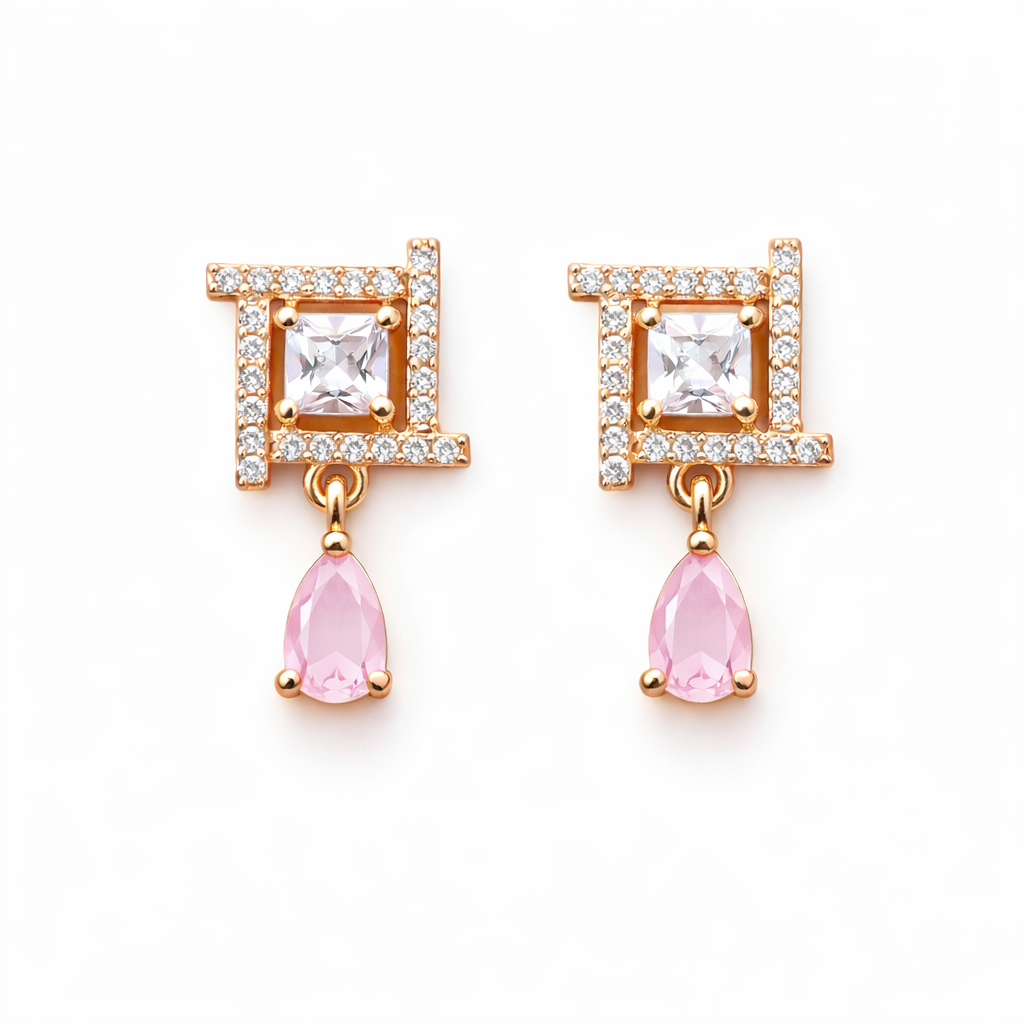Celina- Dark Pink Drop Geometric Stud Earrings in Rose Gold Finish