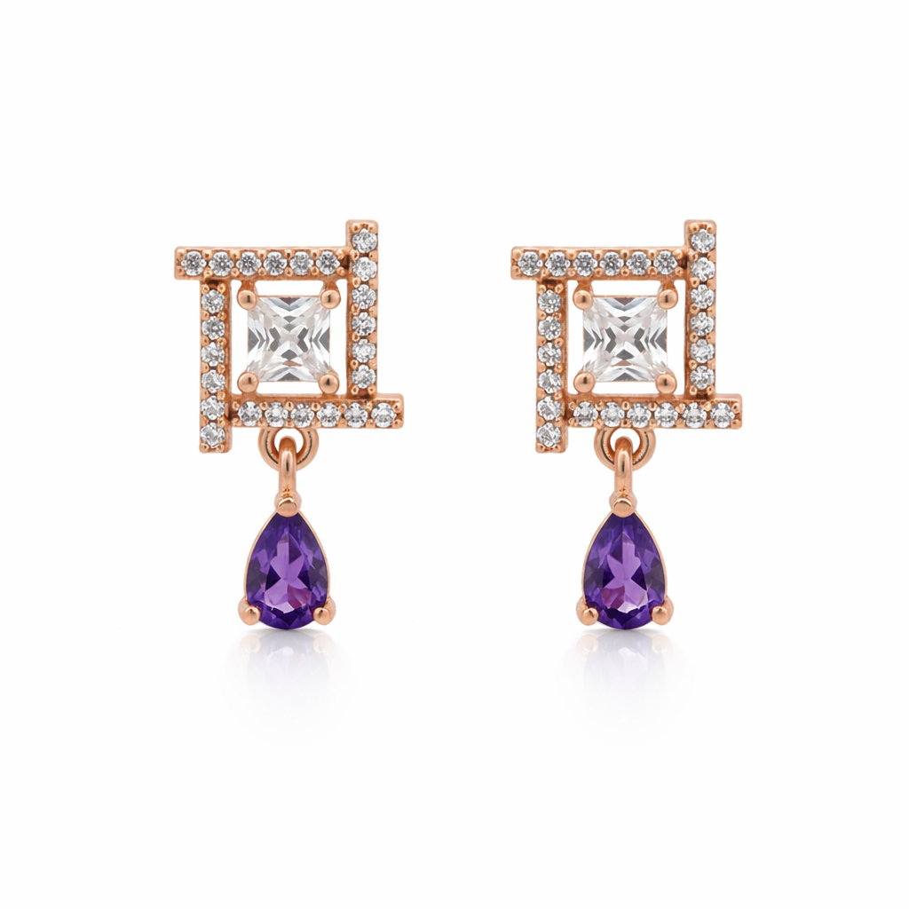 Celina- Purple Drop Geometric Stud Earrings in Rose Gold Finish