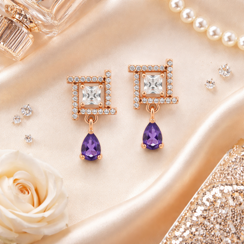 Celina- Purple Drop Geometric Stud Earrings in Rose Gold Finish