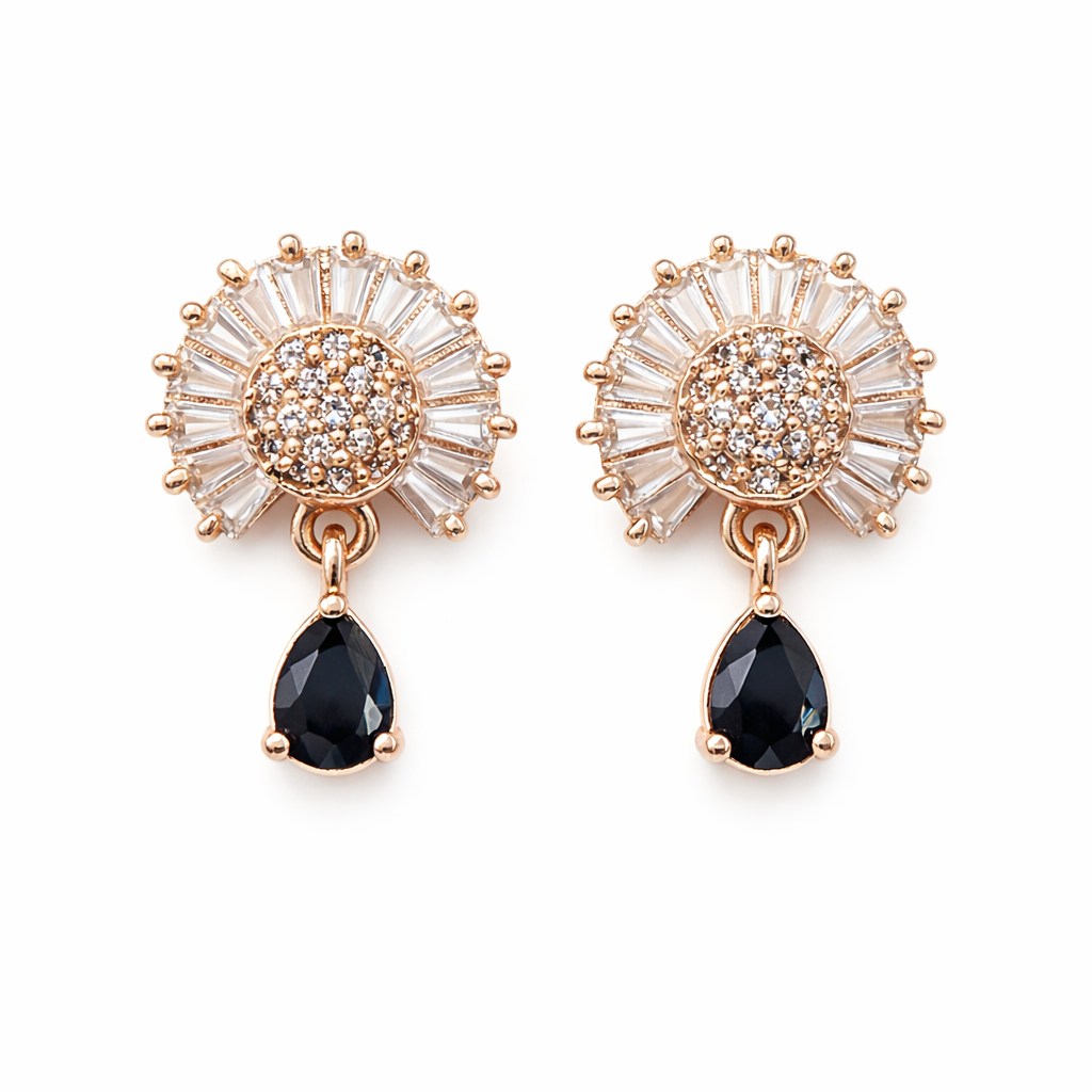 Marilyn- Black Teardrop Halo Stud Earrings in Rose Gold Finish